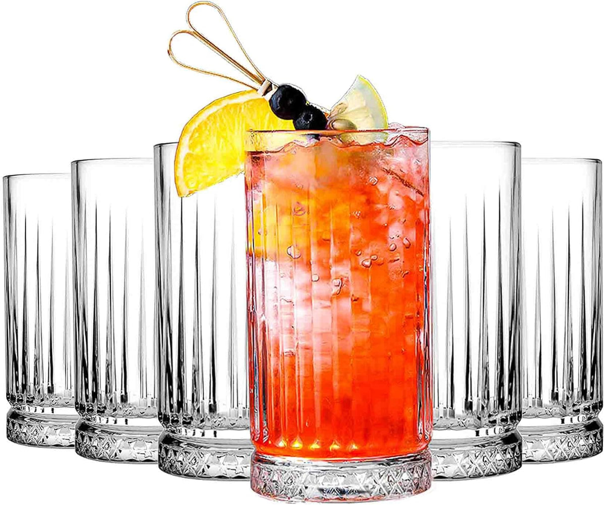 Highball Glasses Collins Tall Beverage Set of 6, 14 Ounce Cups Glassware for Drinks, Water, Beer, Soda - Style H