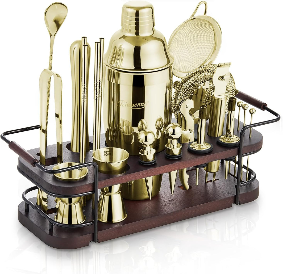 KITESSENSU Cocktail Shaker Set Bartender Kit with Stand | Complete 24-Piece Bar Set Cocktail Kit with All Bar Accessories: Martini Shaker, Jigger, Muddler | Drink Mixer Set for Home Bar Cocktails - Gold