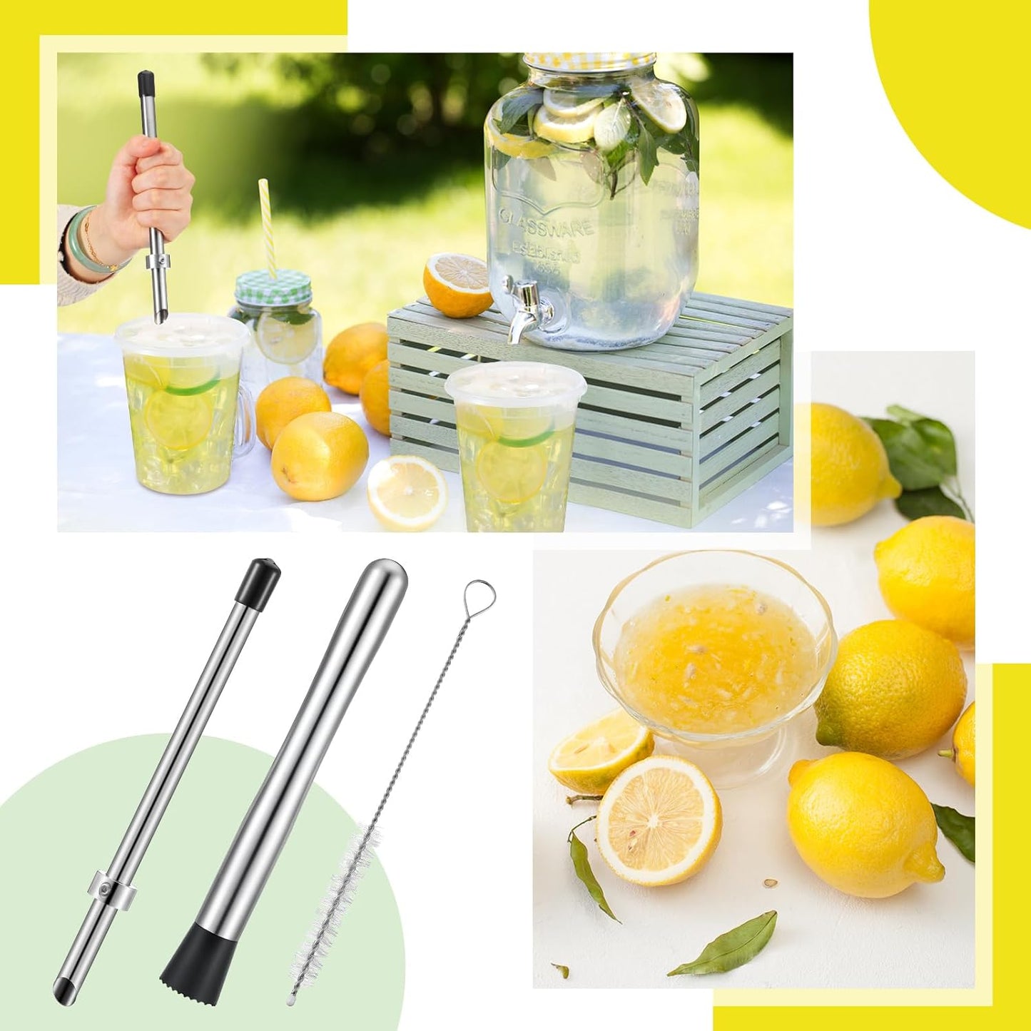2 Pcs Straw Puncher and Muddler for Lemonade Plastic Lids Cups, Straw Hole Puncher, 304 Stainless Steel Muddler, Fresh Squeezed Lemonade Stand Supplies