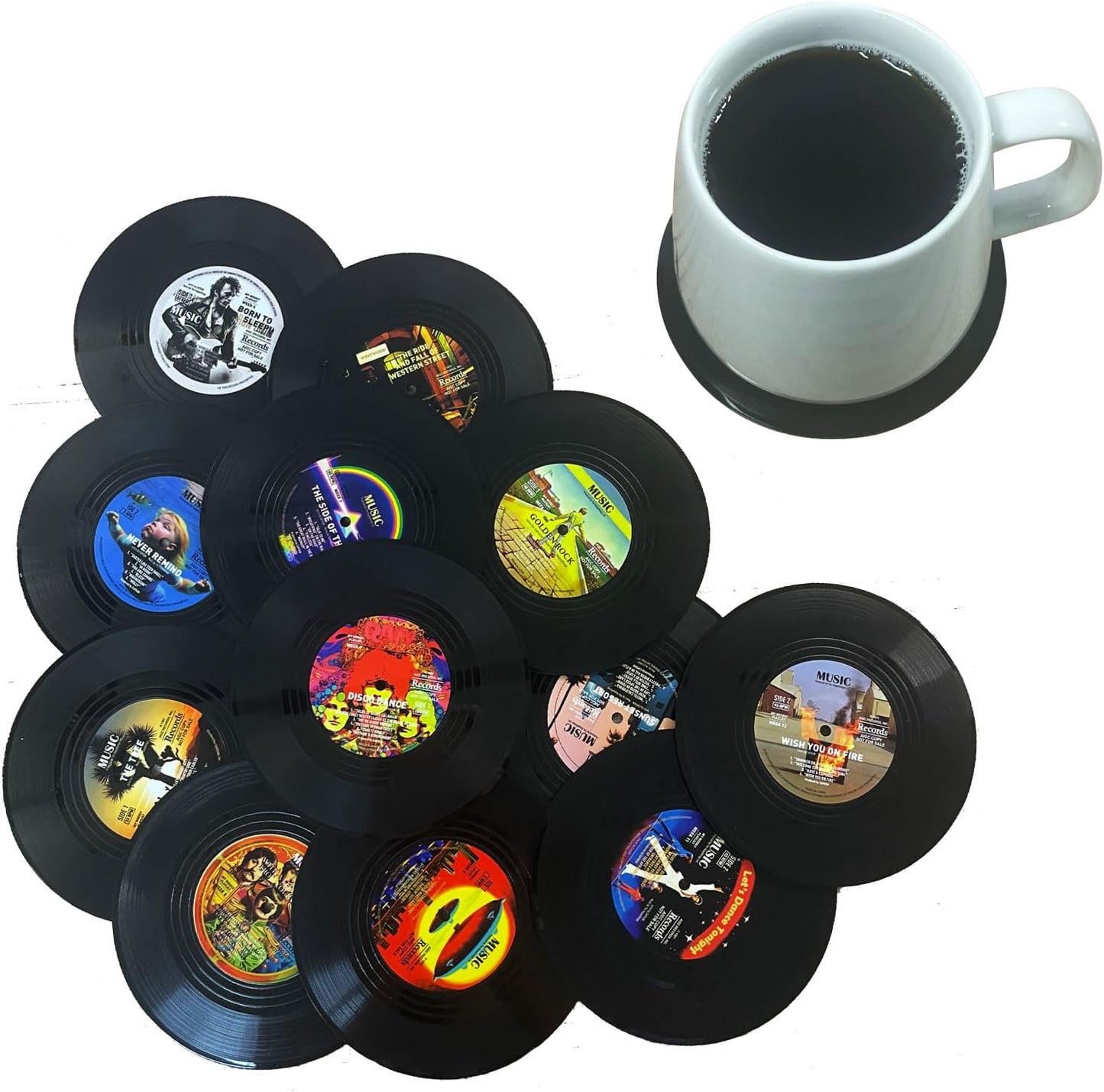 Funny Retro Vinyl Record Coasters, Creative Drink Coasters Set of 12 for Music Lovers, Housewarming Hostess Gifts, Birthday and White Elephant Gifts Ideas (12) (v03b)