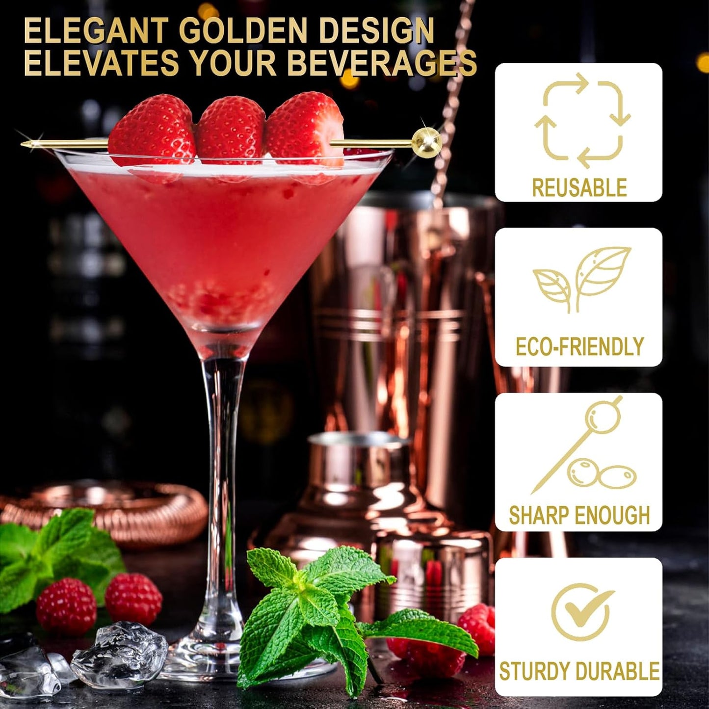 15PCS Gold Cocktail Picks for Drinks, Stainless Steel Fancy Cocktail Toothpicks, Reusable Metal Cocktail Skewers, 4.3 IN Party Garnish Sticks Martini Picks for Olives Appetizers Fruit Bloody Mary