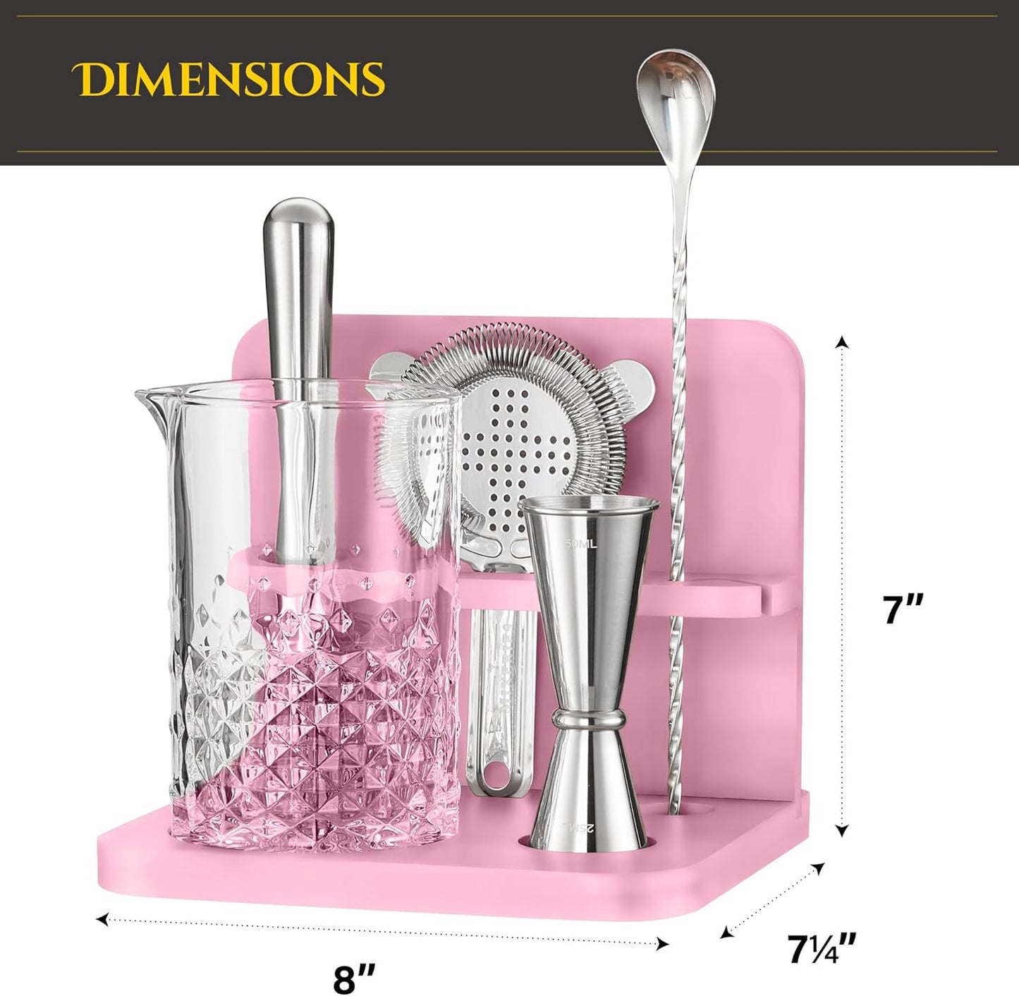 Mixeries Crystal Cocktail Mixing Glass Set with Bamboo Stand - 22 Oz 650ml - Thick and Sturdy Bottom, Durable and Seamless Design with Bar Accessories, Pink
