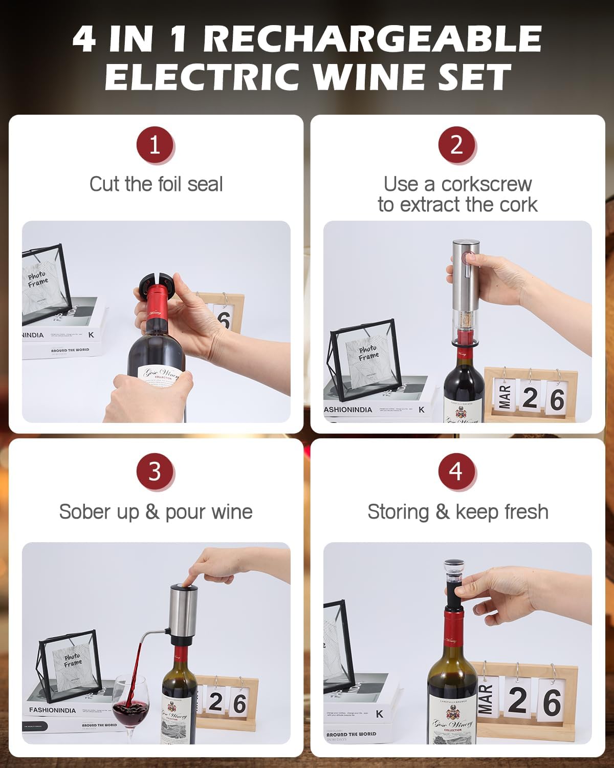 Electric Wine Opener Set, 4 in 1 Electric Wine Bottle Opener, Rechargeable Corkscrew Opener with Aerator, Foil Cutter, Vacuum Stopper, Ideal Present for Wine Lovers, Party, Wedding