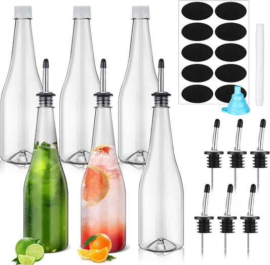 Dandat 6 Set 25 oz Plastic Long Neck Bottles with Pourer and Caps Plastic Juice Pour Bottles with Stainless Steel Bottle Pourer Tapered Spout for Liquor Juice Store