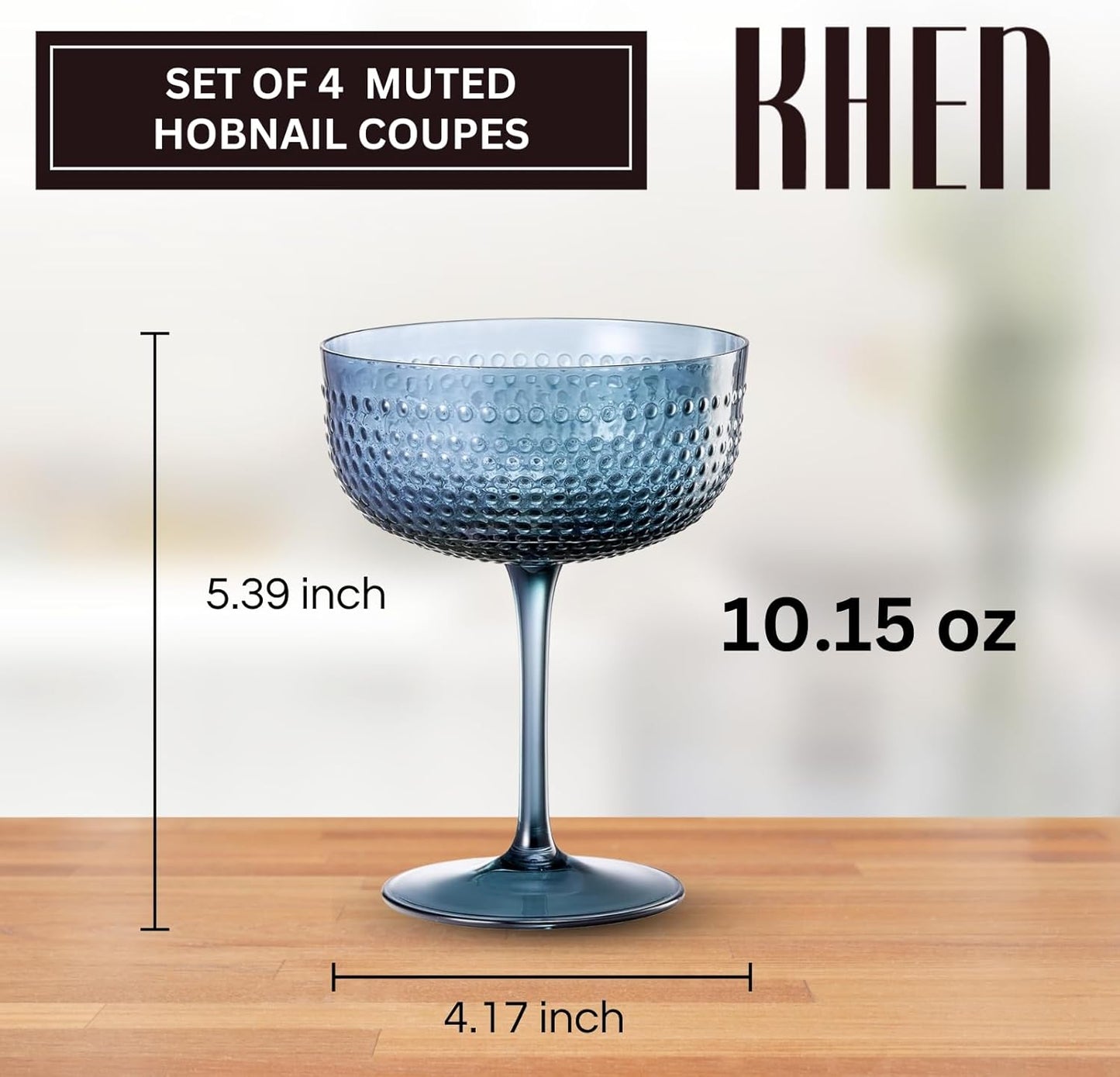 Khen Muted Hobnail Coupes Vintage Textured Pastel Style Cocktail Martini Champagne Saucer Retro Colored Glass Goblets |Set of 4 | 10.15oz Durable Glassware Decorative Barware Classic Party Drink