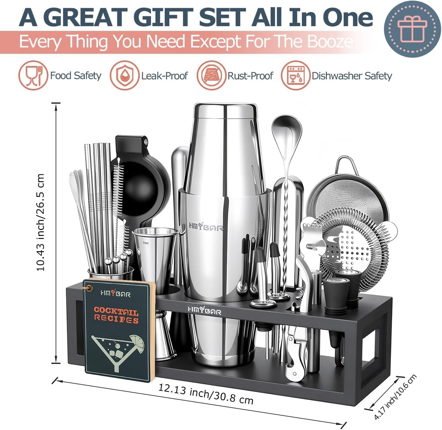 HMYBAR® Bartender Kit with Black Bamboo Stand, 31-Piece Cocktail Shaker Set, 20/28 oz Boston Shaker Set for Home Bar, Mixology Bar Tool Set with 39 Recipe Cards