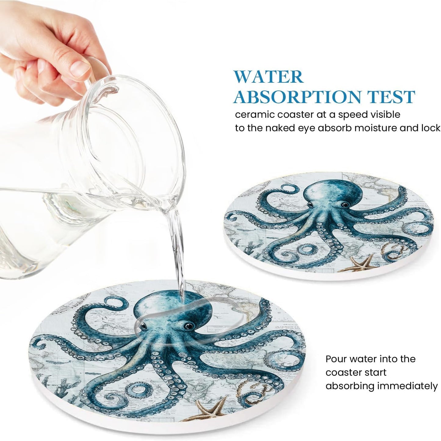 Unique Octopus World Map Nautical Coasters for Drinks Set of 6, Round Absorbent Ceramic Stone Coaster with Metal Holder and Cork Base for Coffee Table Parties Desk Kitchen Home Decor Gifts