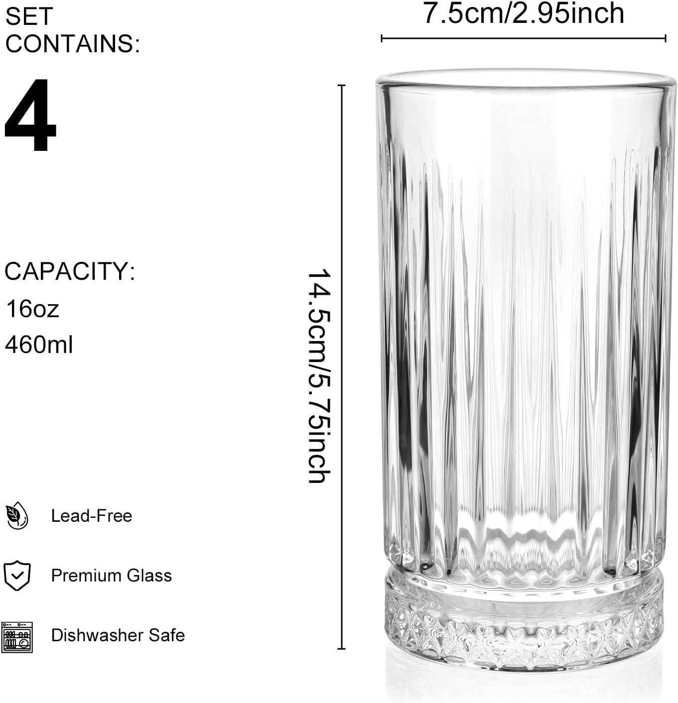 Highball Glasses Set of 4, 16oz Tall Drinking Glasses, Lead-free Crystal Water Glassware for Juice, Cocktails, Iced Tea