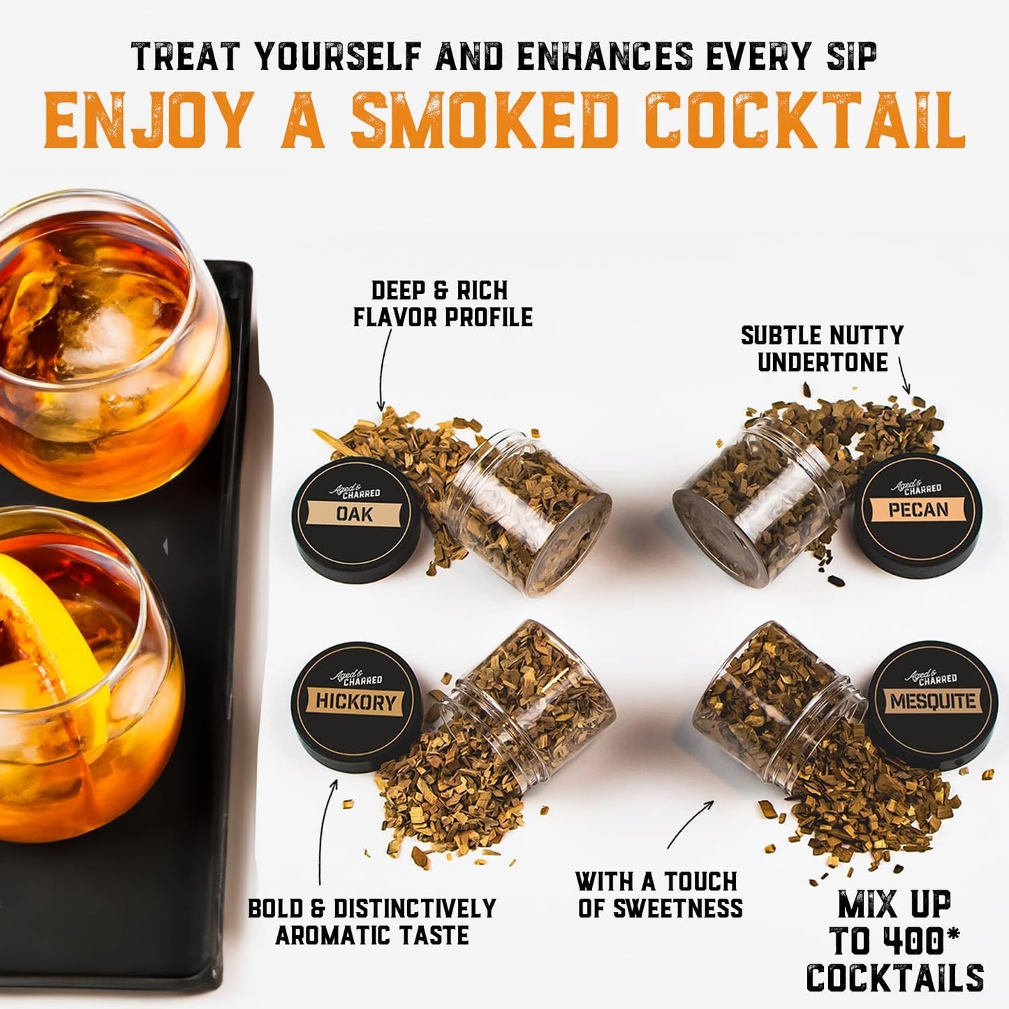 400 Cocktail Smoker Wood Chips - Bold Flavors Big Pack - Pecan, Hickory, Oak, Mesquite - Whiskey Smoker Wood Chips for Bourbon & Cocktail Smoker Kits