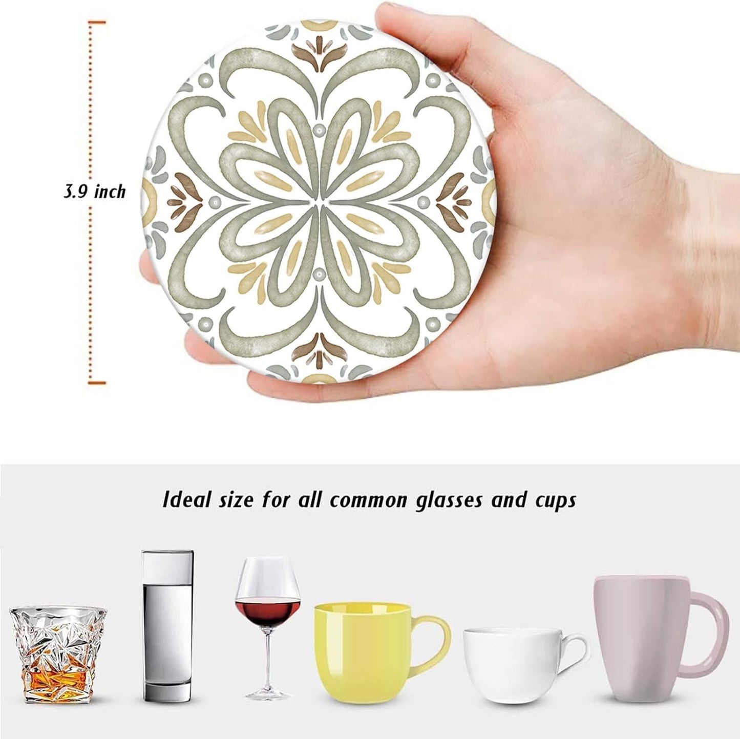 Coaster for Drinks Set of 6, Ceramic Gray Moroccan Talavera Absorbent Round Ceramic Stone Mat, with Cork Base and Metal Holder, Gift for Housewarming Room Bar Decor