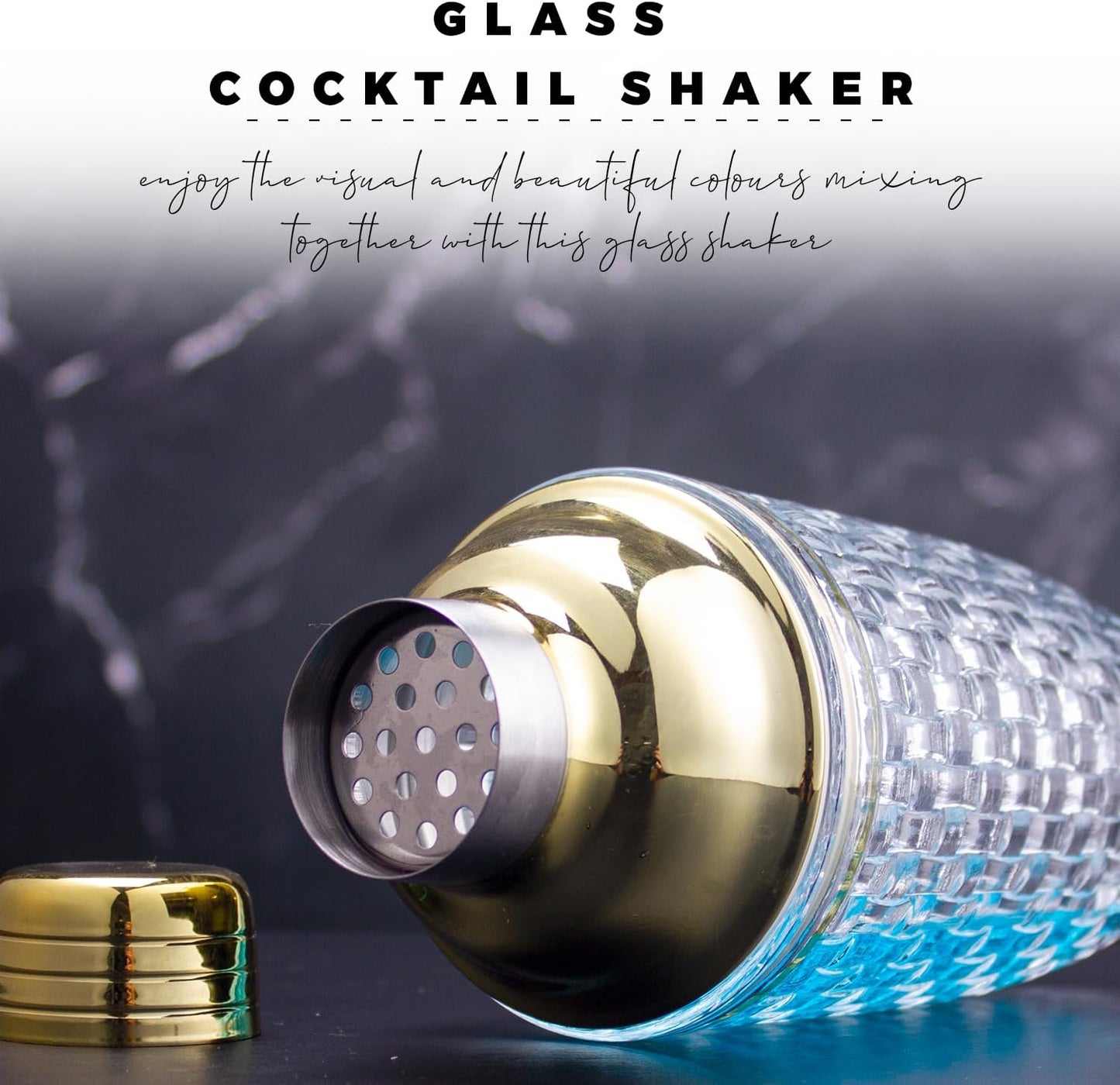 Gold Cocktail Shaker Set - Glass Cocktail Shaker with Strainer - Martini Shaker Set -Matching Cocktail Jigger & Bar Spoon with Muddler – Bartender Kit for Home Bar