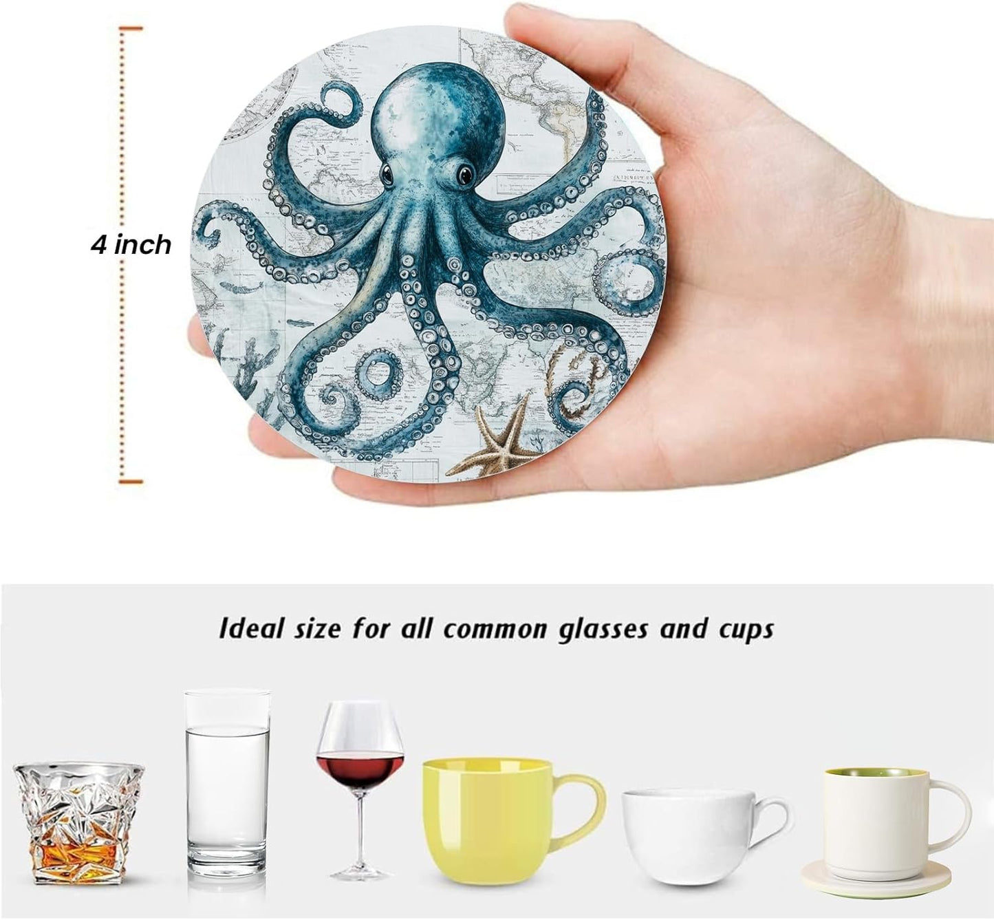 Unique Octopus World Map Nautical Coasters for Drinks Set of 6, Round Absorbent Ceramic Stone Coaster with Metal Holder and Cork Base for Coffee Table Parties Desk Kitchen Home Decor Gifts