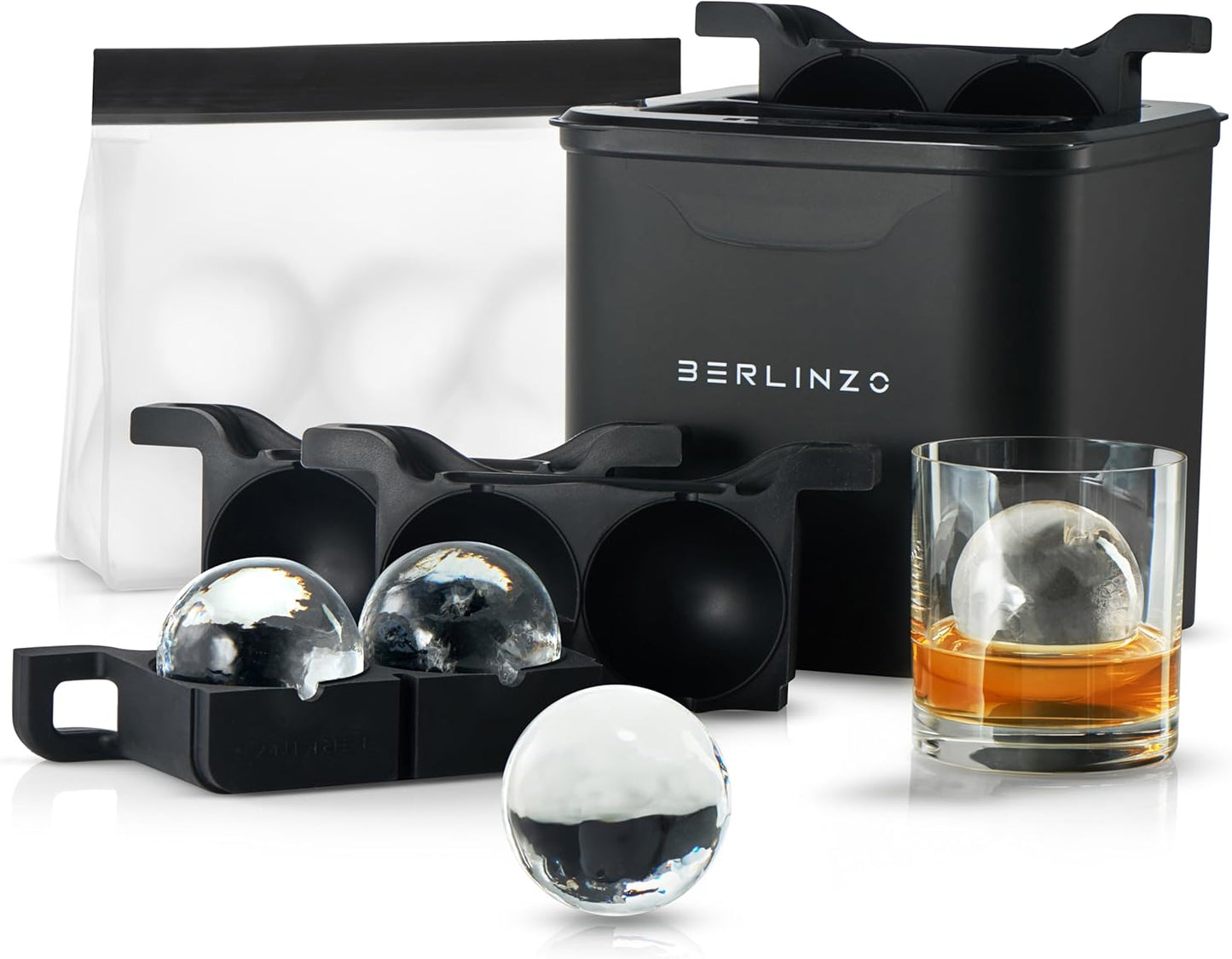 Berlinzo Premium Clear Ice Ball Maker Mold - 4 Large 2.4" Crystal Clear Ice Balls for Whiskey, Cocktails & Bourbon - Easy-to-Remove Mold for Ice Spheres - XL Storage Bag Included (Non-Electric)