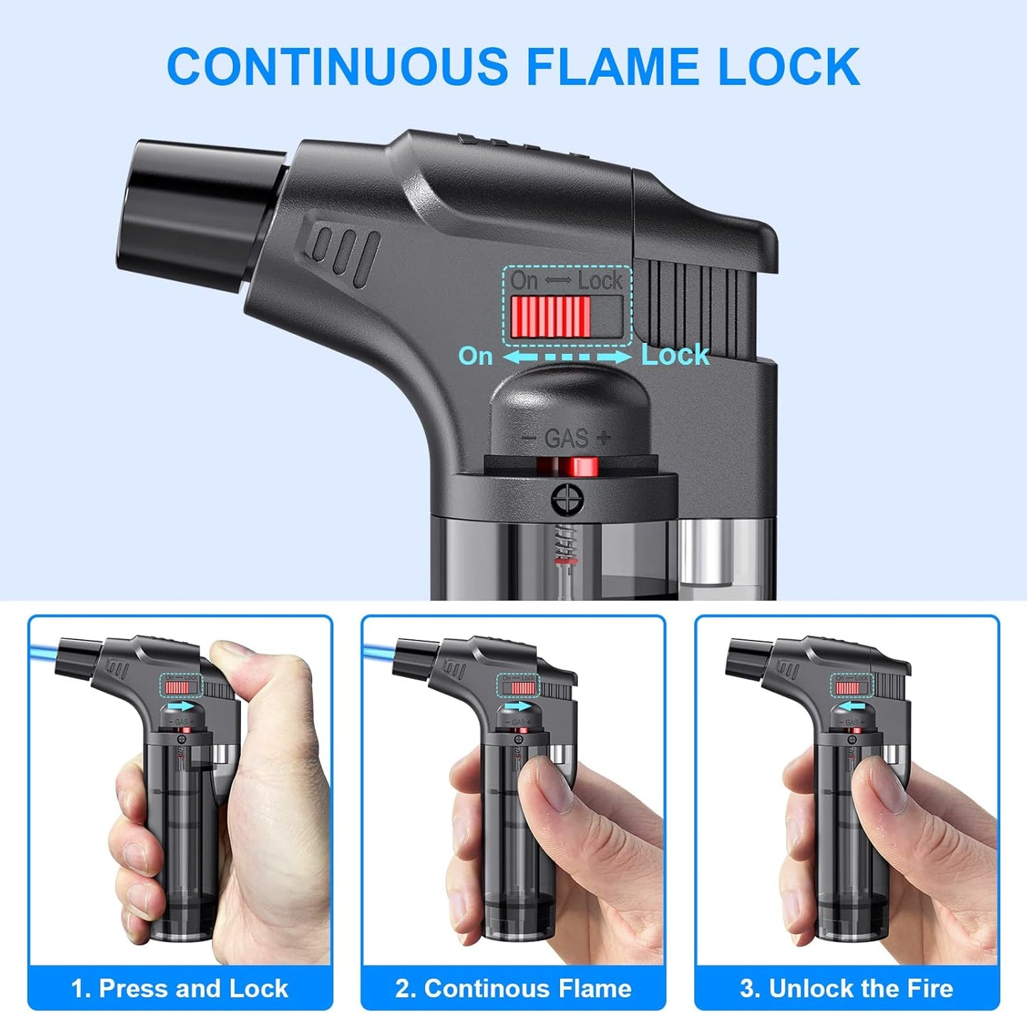 Torch Lighters, 4 Pack, Butane Refillable Jet Flame Torch Lighter, Windproof, Safe, Multi Utility Lighter for Candles, Fireplaces, Campfires, Grill (Without Butane) (Black/Red/Blue/Green)