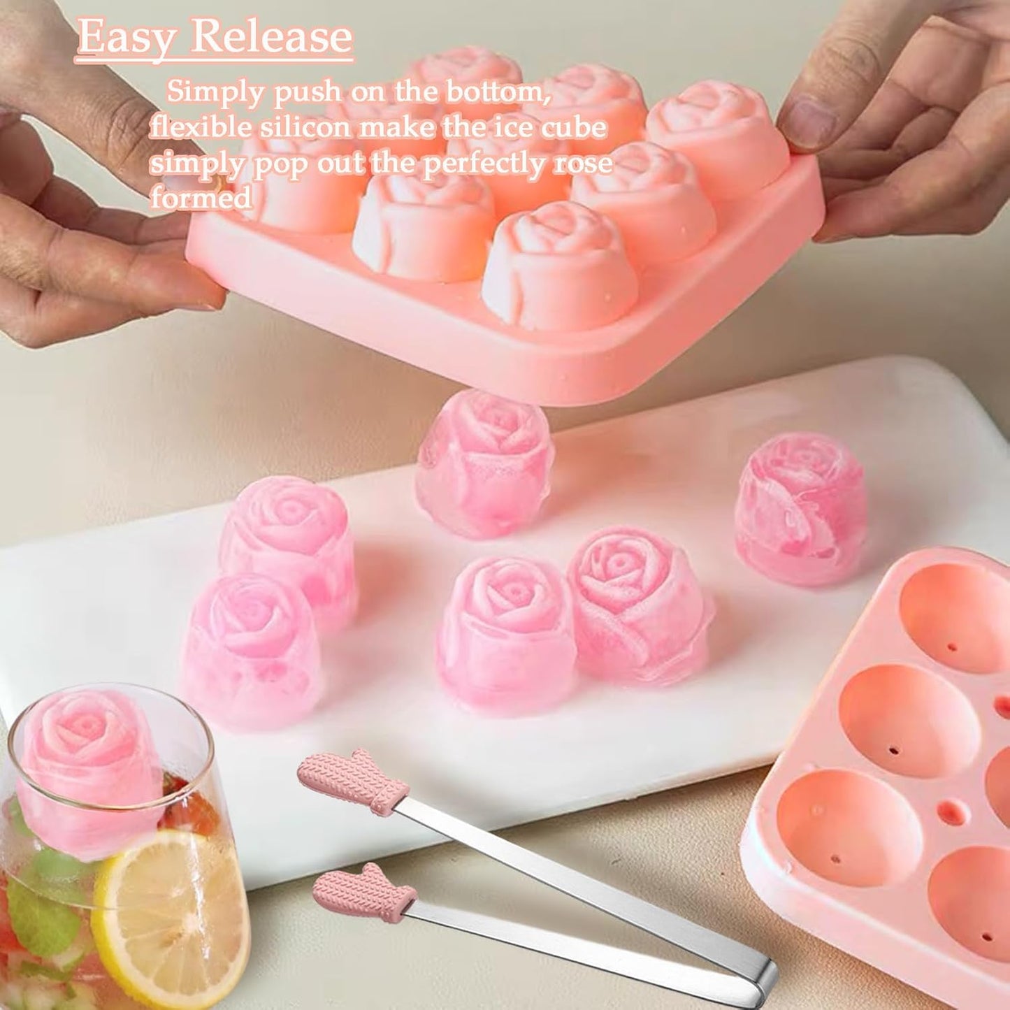 Ice Cube Mold with Lid, Silicone Rose Ice Cube Tray with Mini Tongs, Rose Ice Cube Trays for Freezer, Easy Release Ice Trays Maker, Make 9 Ice Ball Maker Mold Flower Ice Tray Mold for Cocktail