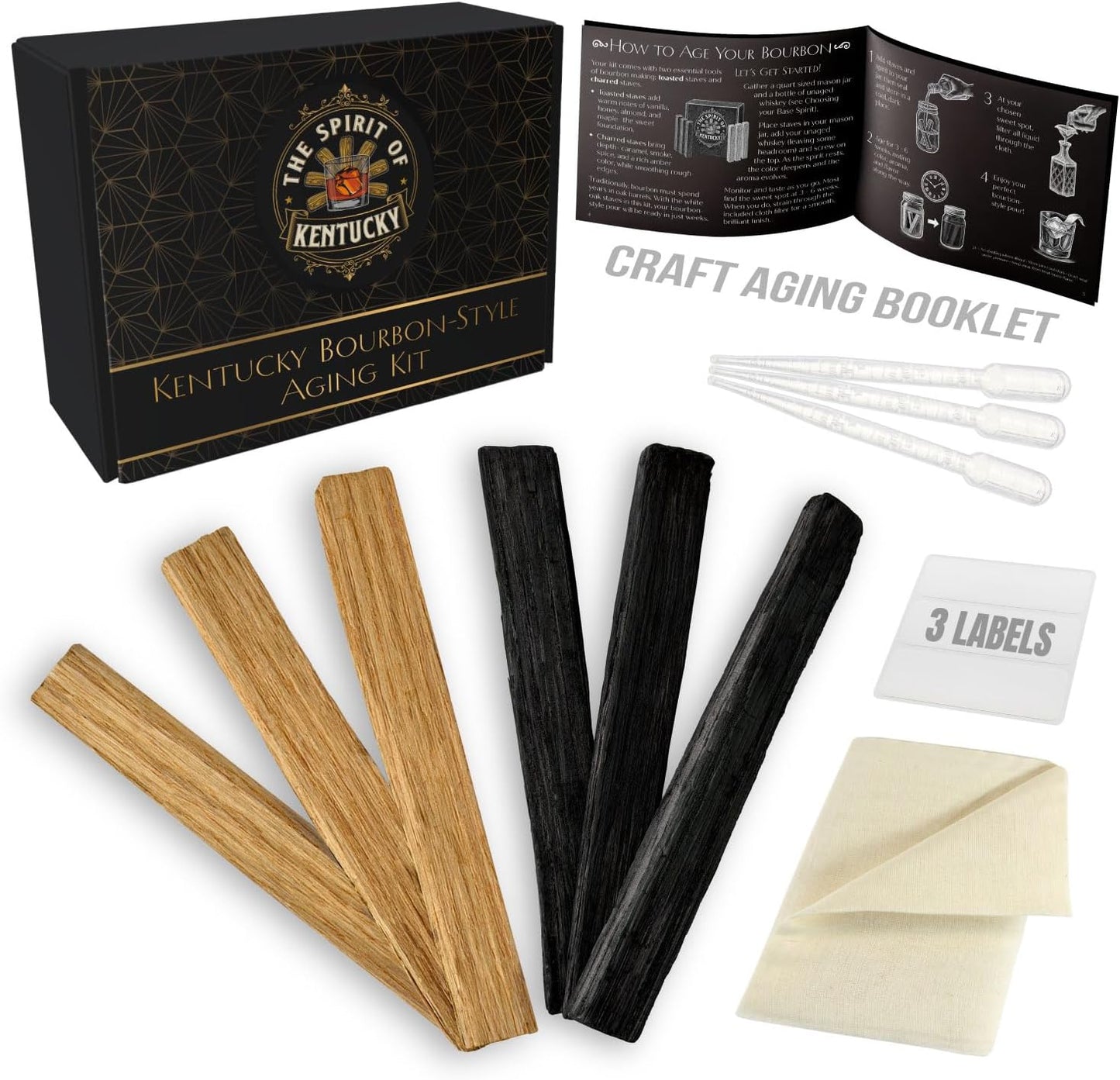Kentucky Bourbon-Style Whiskey Infusion Aging Kit – Charred White Oak Sticks Staves – Age Clear Spirits into Rich Barrel Flavor in Weeks – Gift for Dad, Father, Husband, Groomsmen