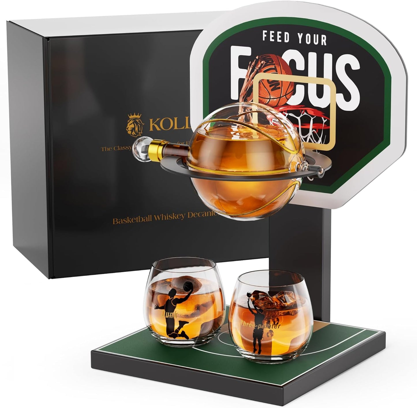 Kollea Basketball Whiskey Decanter Set with Green Court Stand & 2 Glasses, Cool Whiskey Gifts for Men, Dad, Boyfriend, Coach, Basketball Fans - Birthday, Game Day, Christmas, Retirement Gift idea
