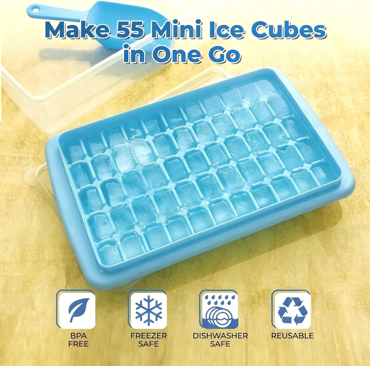 ARTLEO 2Pack Ice Cube Tray with Lid and Bin for Freezer, Easy Release 55 Mini Ice Cube Tray with Cover, Storage Container, Scoop, Flexible Durable Plastic Nugget Ice Cube Mold & Bucket, BPA Free