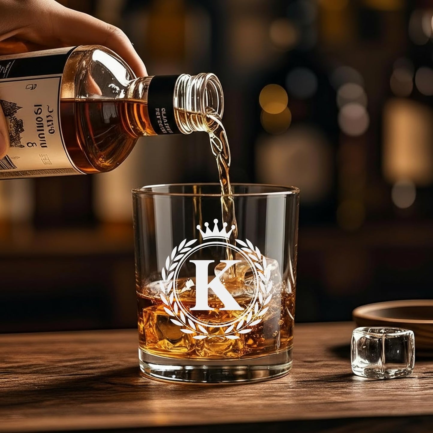 Personalized Whiskey Glasses Gifts for Men, Rocks Old Fashioned Glass, Monogrammed A-Z 10.3 oz Whisky Glasses, Fathers Day Birthday Gift for Him Dad Father Husband Brother Son (K)