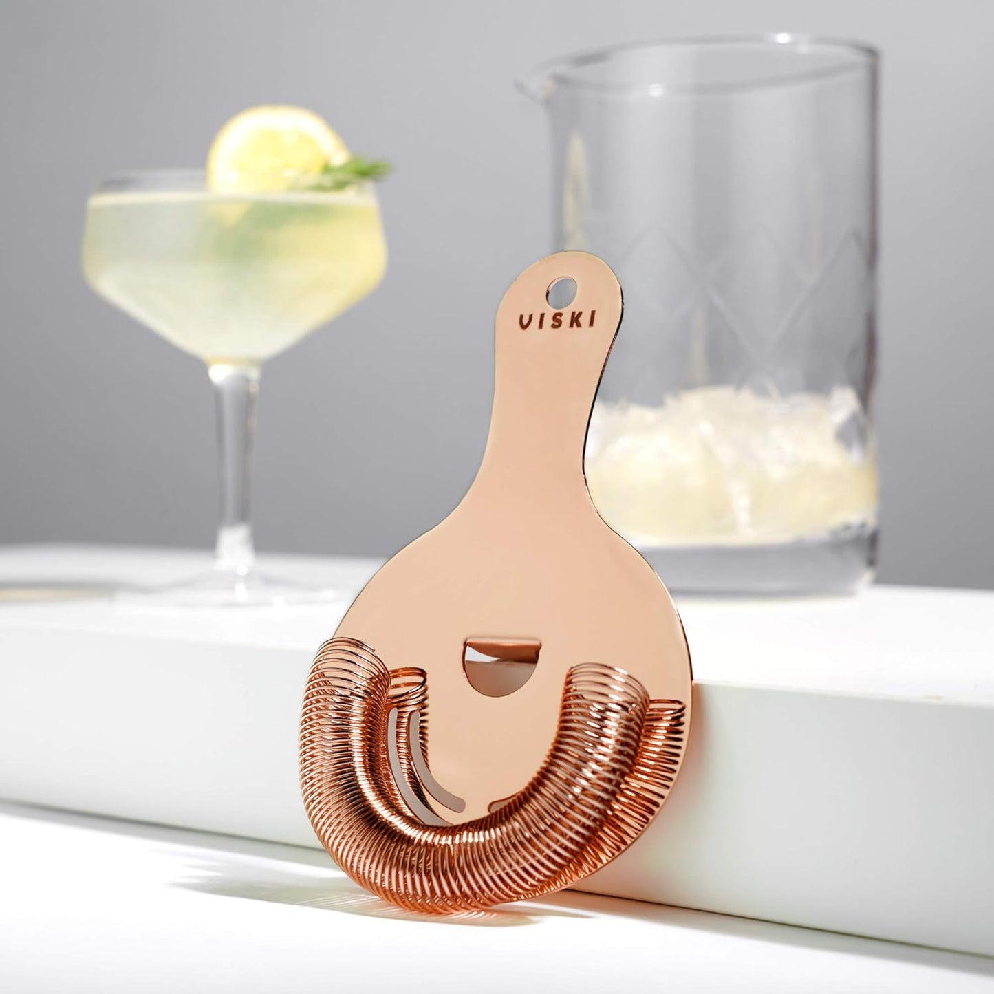 Viski Hawthorne Cocktail Strainer, Stainless Steel Bar Strainer with Copper Finish for Standard and Large Mixing Glasses, Boston Shakers and Shaker Tins, Home Bar Essentials, Bartender Tool, Set of 1