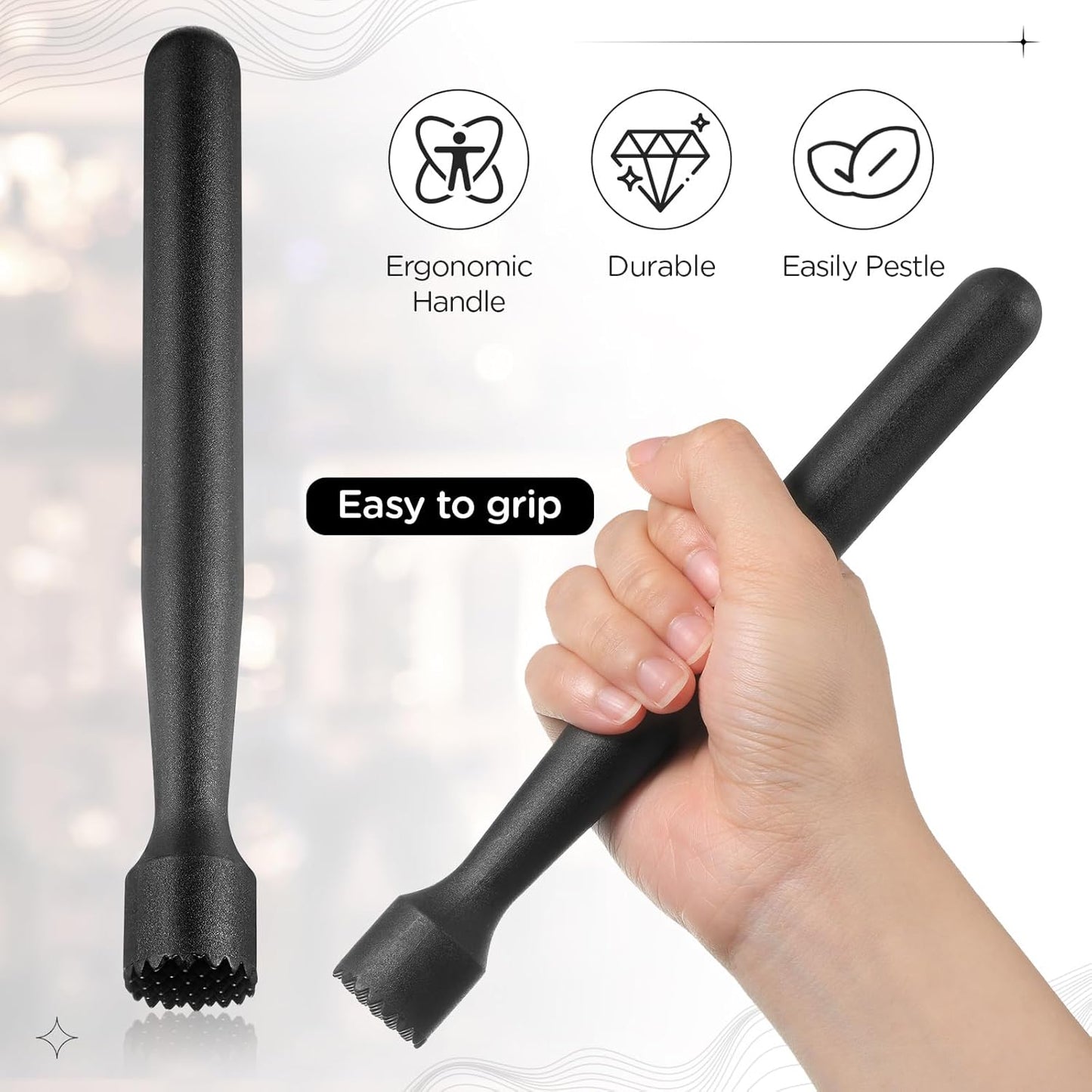 Baderke Muddler for Cocktails Plastic Bar Muddler Bulk 8 Inch Bar Accessories Tools Set for Home Ice Crusher Bartender Accessories Mojito Fruit Drink(Classic,Black,8 Pcs)