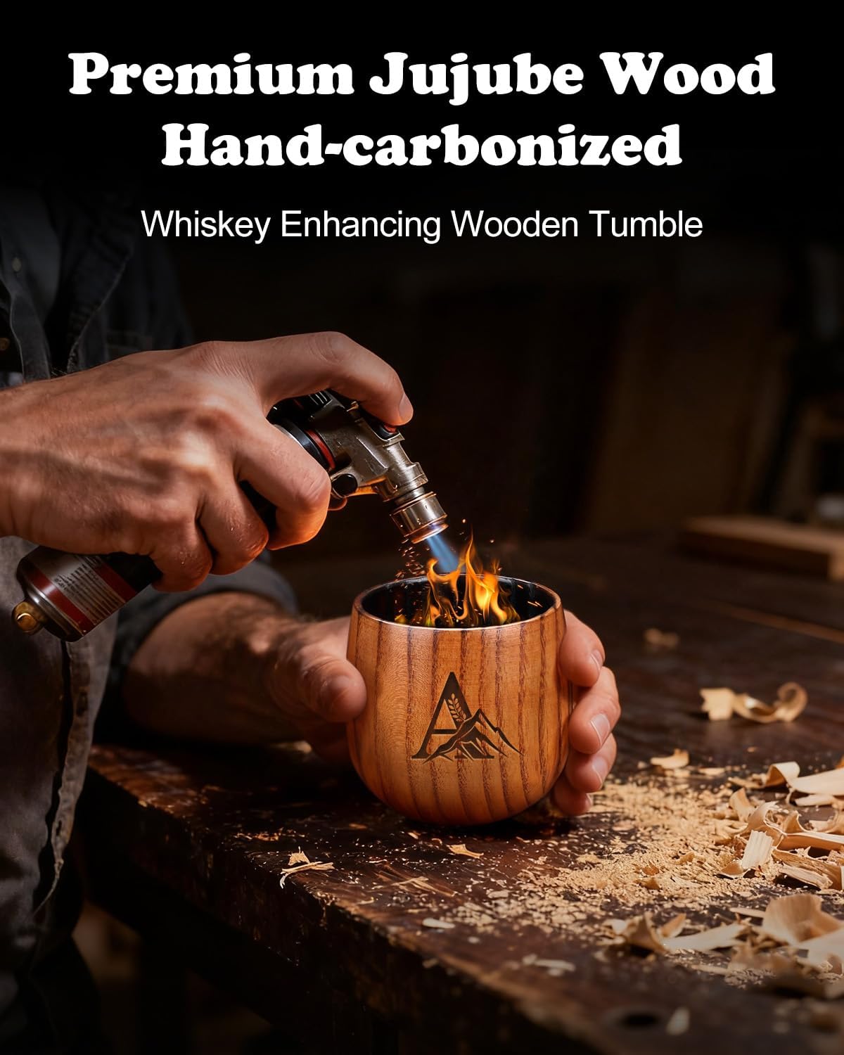 Charred Wooden Whiskey Glasses Personalized Bourbon Drinking Glass Ideas Gifts for Men Husband, Dad, Brother, Whiskey Lovers Birthday Insulated Old Fashioned Glass Whiskey Tumbler A