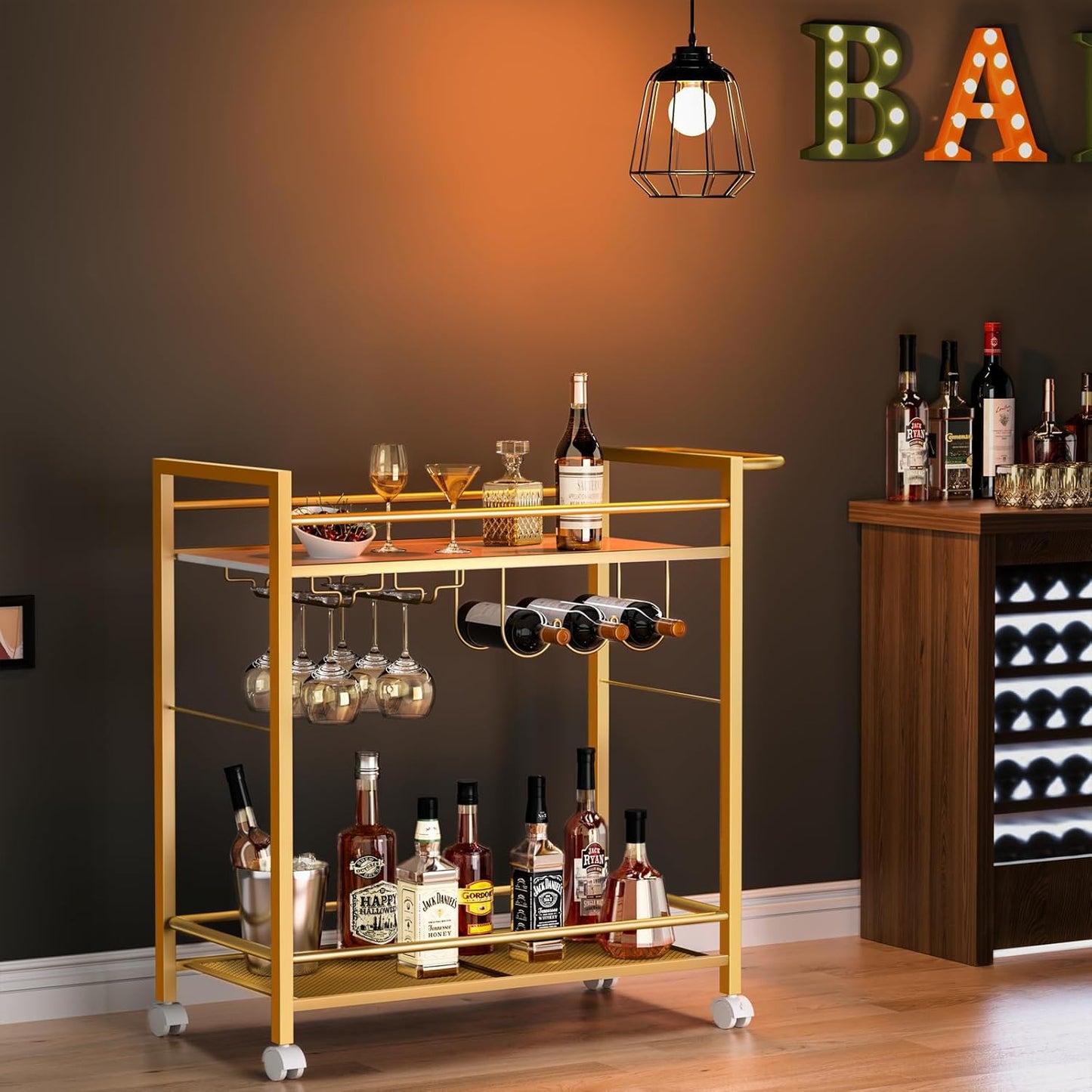 Joaxswe Bar Cart,Home Bar Serving Cart with Storage Shelves, 2 Tier Rolling Beverage Cart with Wheels, Modern Wine Cart with Wine Rack and Glass Holder for Kitchen, Living Room,Dinning Room,Gold