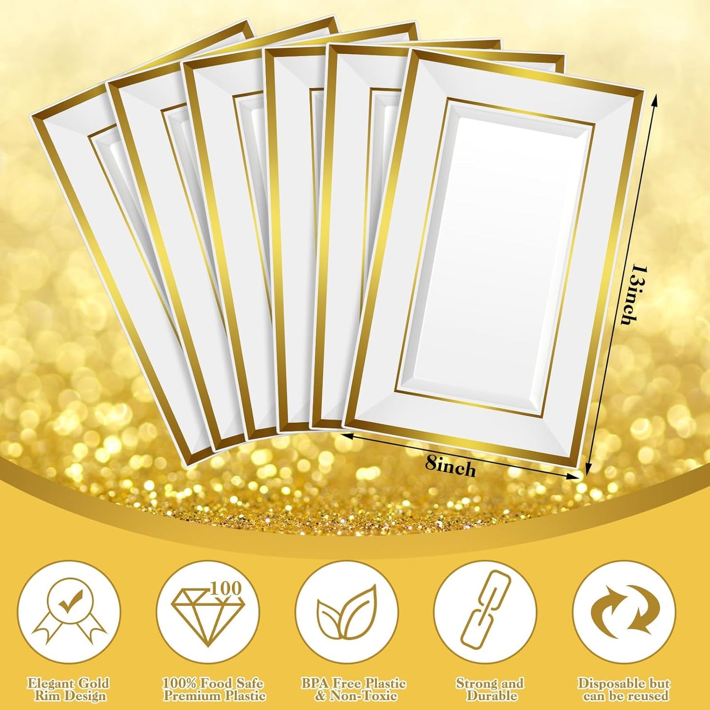FillTouch 112 Pcs Summer Gold Dinnerware Set Include 6 Disposable Rectangle Serving Trays with Gold Rim 6 Small Sugar Tongs 100 Pearl Bamboo Cocktail Toothpicks for Wedding Party Table Appetizer