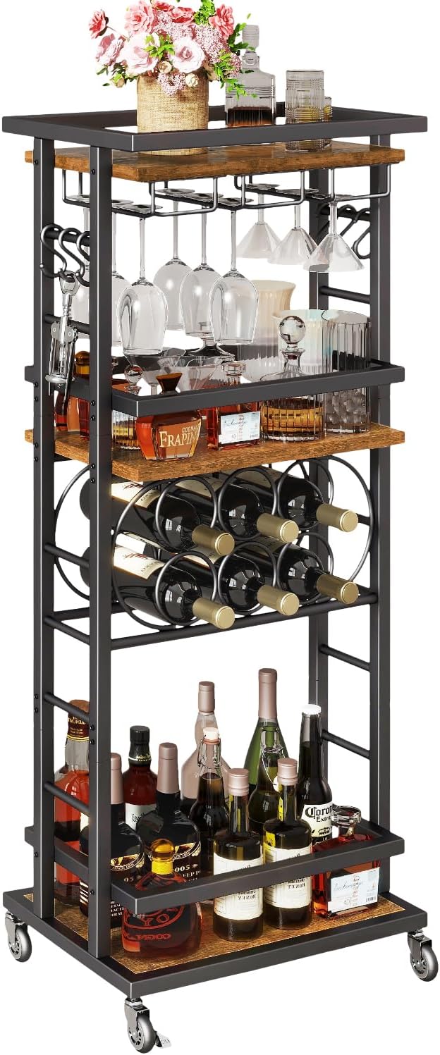 IBUYKE 4-Tier Wine Car Cabinet with Wheels,Wine Rack Freestanding Floor, Bar Cart for Liquor Whiskey Wine,Versatile Wine Bottle Display Shelf,Mini Bar for Home Living Room,Rustic Brown UTMJ912H