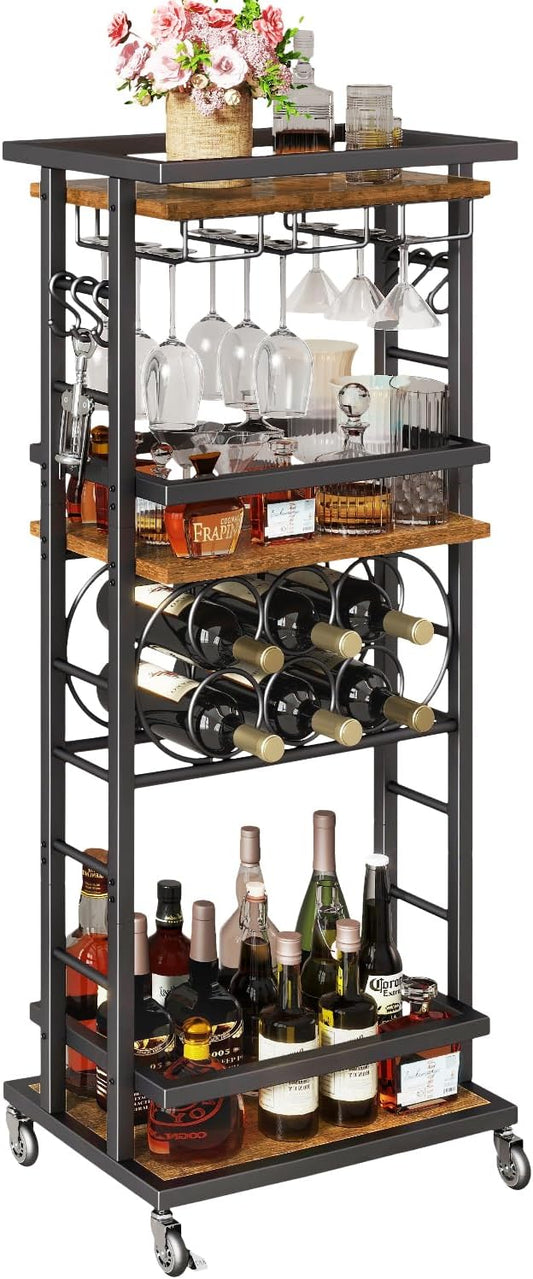 IBUYKE 4-Tier Wine Car Cabinet with Wheels,Wine Rack Freestanding Floor, Bar Cart for Liquor Whiskey Wine,Versatile Wine Bottle Display Shelf,Mini Bar for Home Living Room,Rustic Brown UTMJ912H