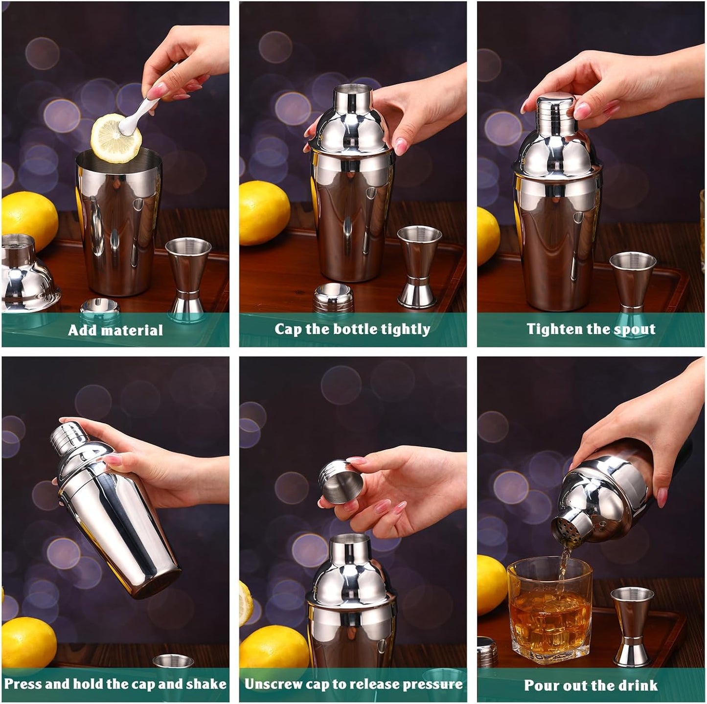 Umigy Cocktail Shaker Set Martini Shaker Bulk Stainless Steel Martini Mixer with Strainer and Double Measuring Jigger for Bar Party Home Use Wine Bar(18 Oz/ 550 ml,4 Packs)