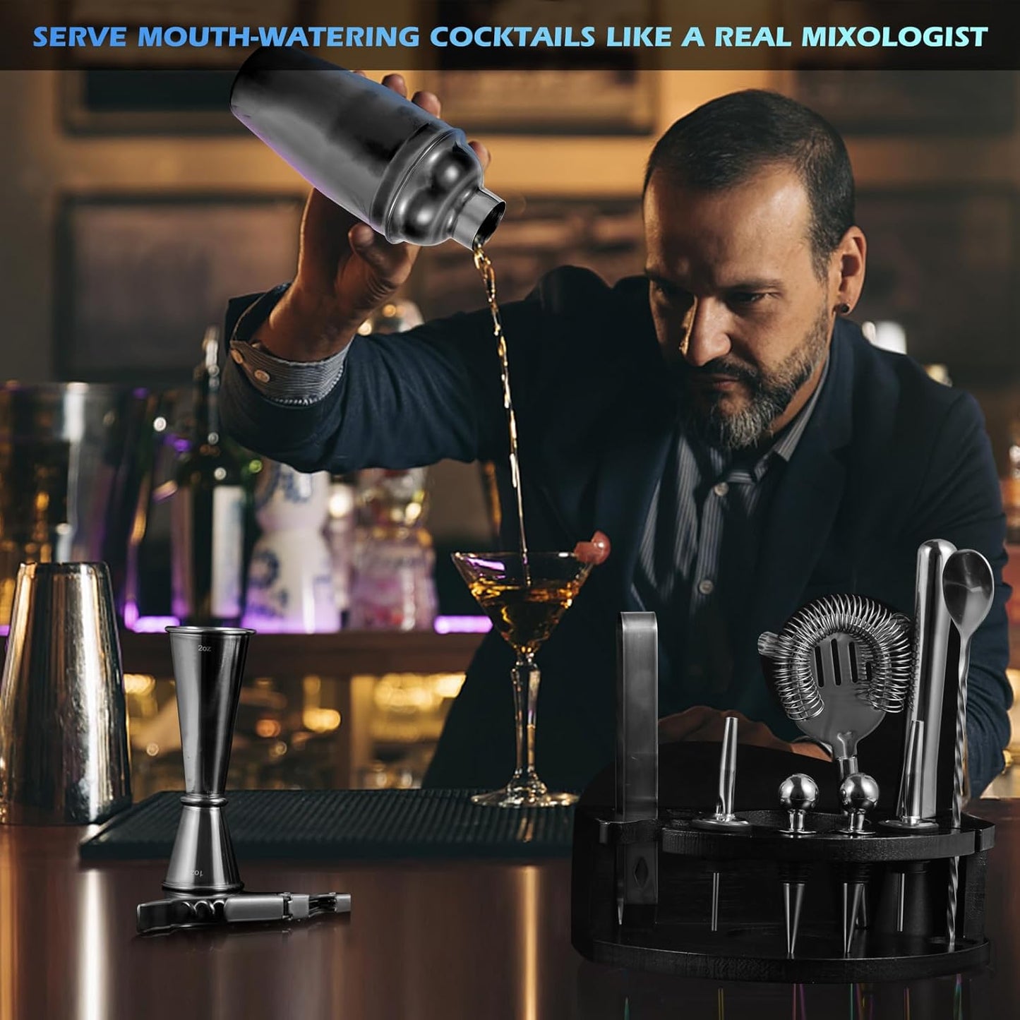 Safring Bartender Kit with Stand, 12-Piece Bar Set | 24oz Cocktail Shaker Set for Drink Mixing, Martini Shaker Set with Bar Tools, Recipes Booklet | Fun Housewarming Gift (Black)