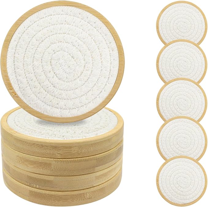 Wood Coasters for Drinks, Eykao Absorbent Coaster Sets of 5, Woven Drink Coasters for Coffee Table, Housewarming Gift for Farmhouse Home Decor,4 inches - White