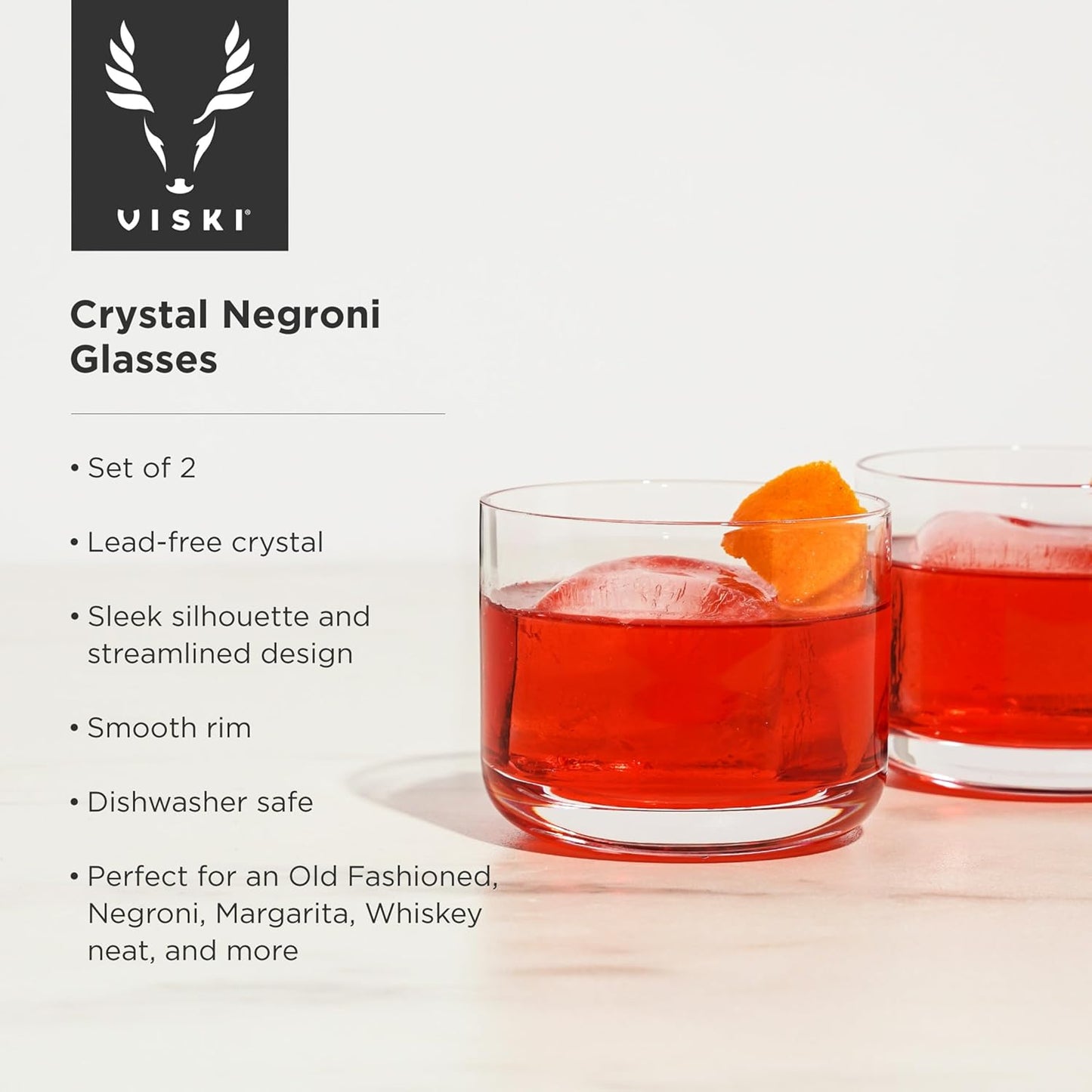 Viski Raye Crystal Negroni Glasses, Lowball Cocktail Glasses Premium Crystal Glassware, 8oz Tumbler Glasses Set of 2