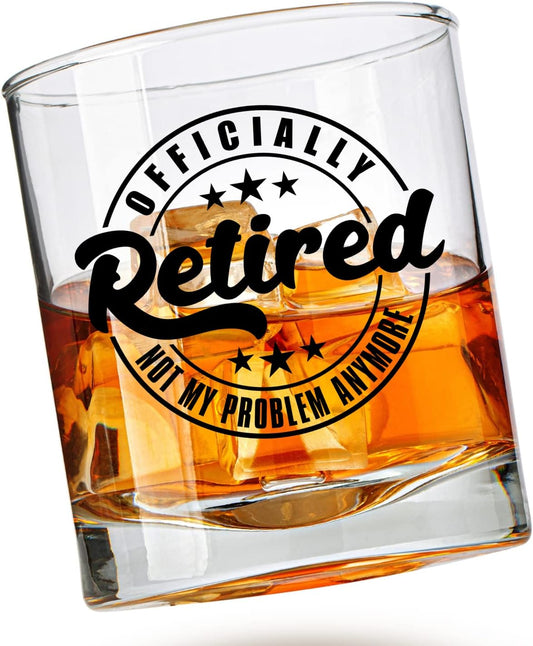 Retirement Gifts for Men – Funny Whiskey Glass ‘Officially Retired, Not My Problem Anymore’ – Bourbon Retirement Gift for Dad, Husband, Grandpa, Papa or Coworker – Teacher Gag Gift for Retired Men
