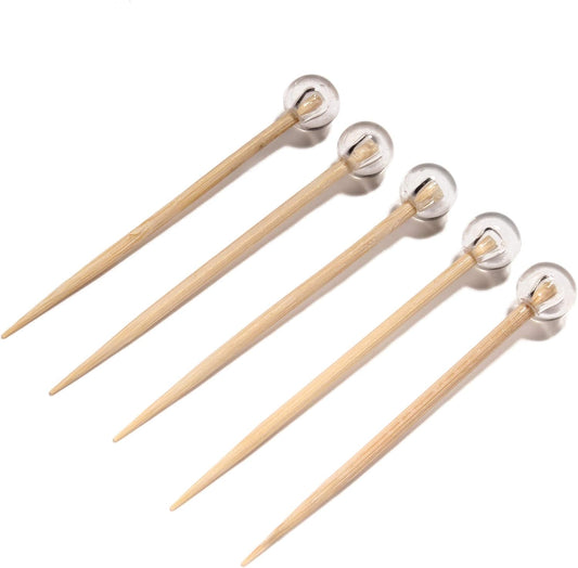 BambooMN Decorative Ball End Bamboo Cocktail Appetizer Picks - 3" (7.62cm) - Clear - 100pcs