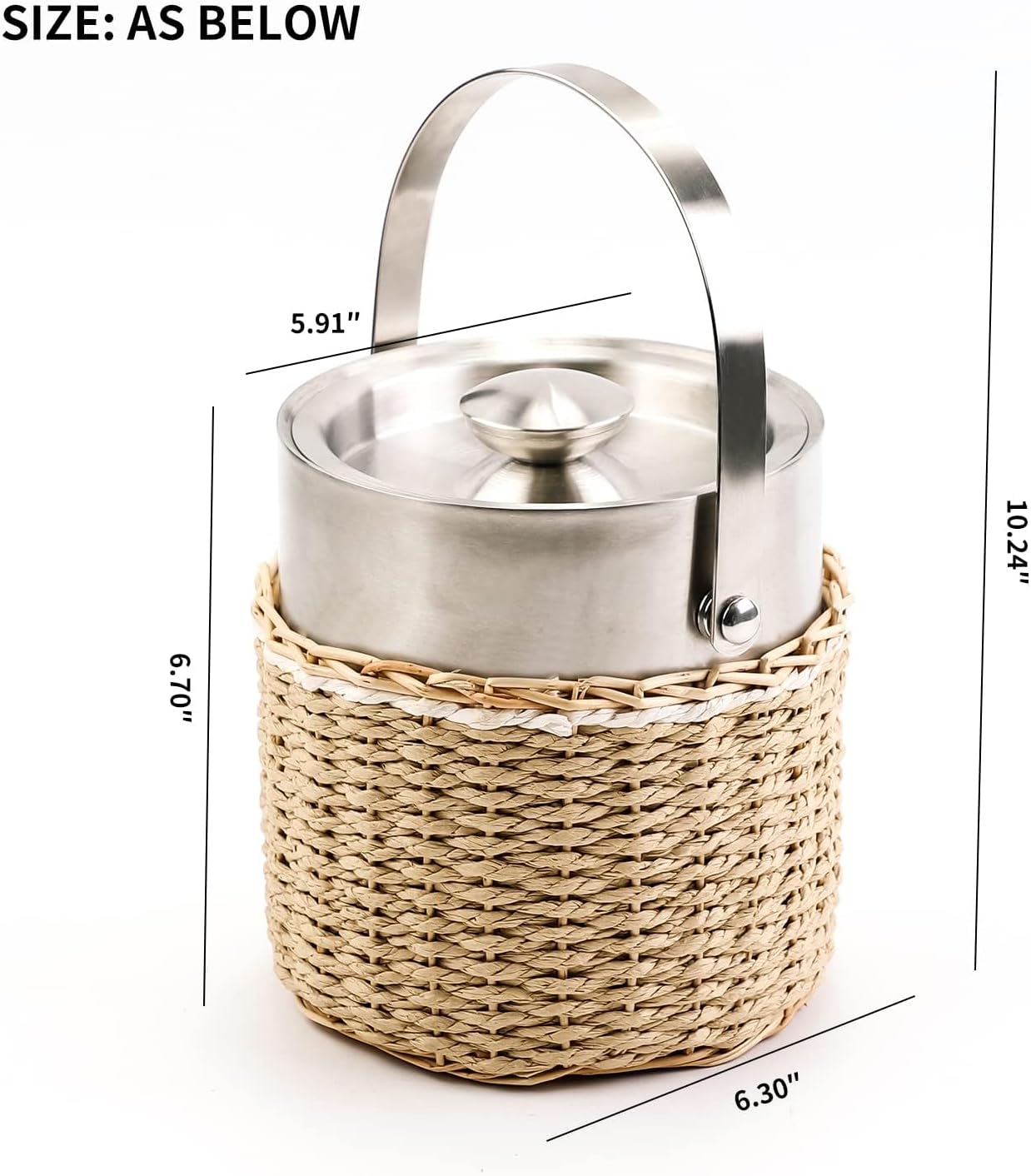 Ice Bucket with Lid, 2 Liter Stainless Steel Insulated Ice Bucket with Wicker Outer Basket Handle Tongs for Party Bar Buffet