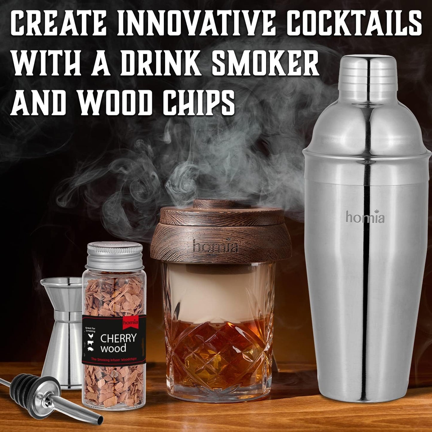 Bartender Kit with Whiskey Smoker - 13 pcs, Bamboo Stand - Bar Set with Cocktail Shaker, Bartending Kit with Essential Bar Accessory Tools, Wood Chips, Steel