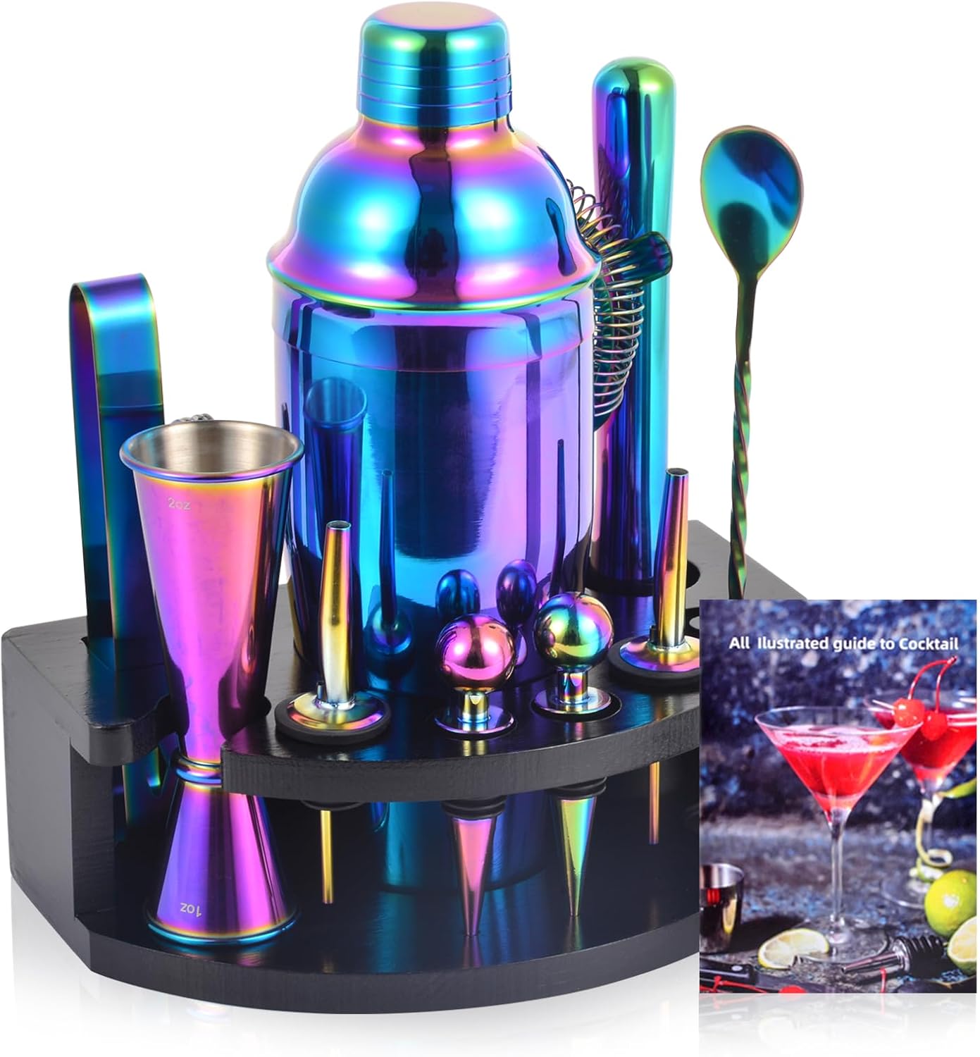 Safring Bartender Kit with Stand, 12-Piece Bar Set | 24oz Cocktail Shaker Set for Drink Mixing, Martini Shaker Set with Bar Tools, Recipes Booklet | Fun Housewarming Gift (Rainbow)