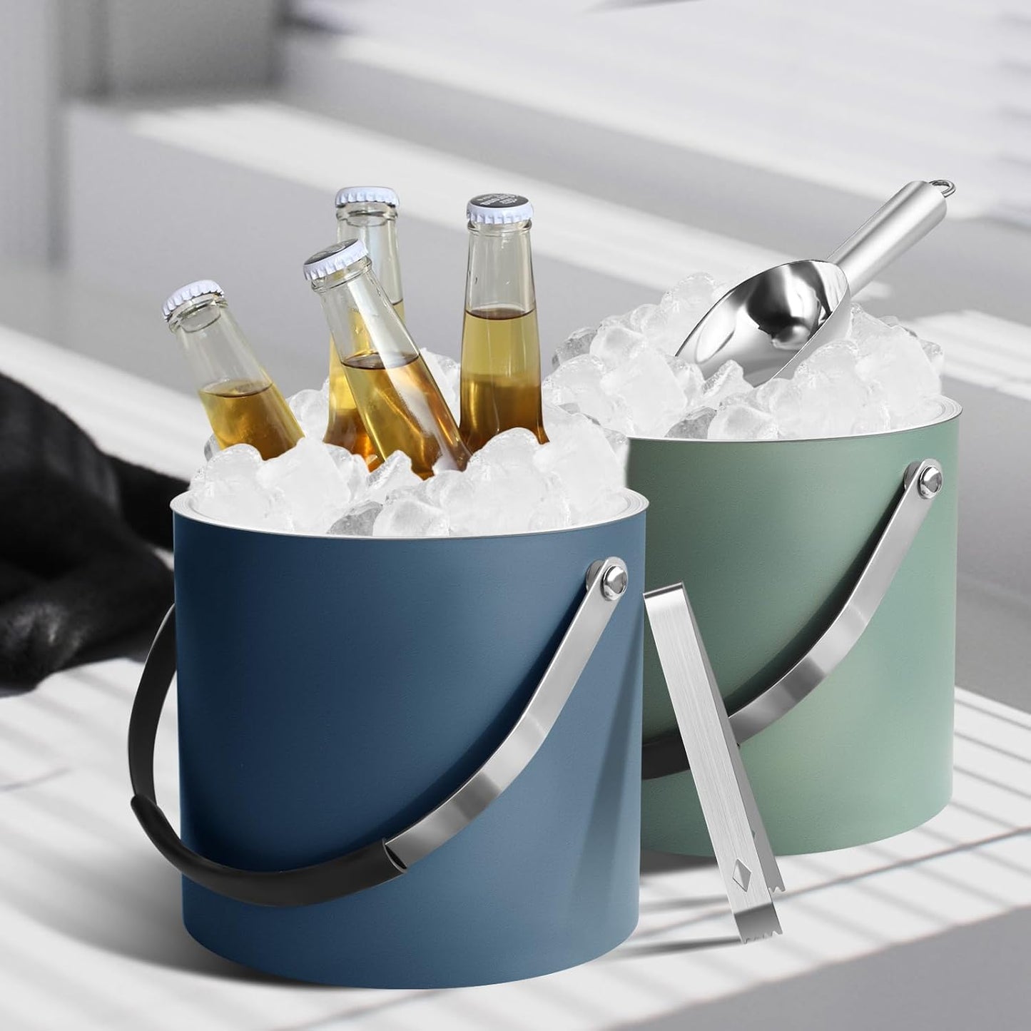 Bakpoco 3L Ice Bucket with Silicone Lid, Scoop, Tongs & Strainer, Stainless Steel Double Wall Insulated Ice Buckets for Parties & Cocktail Bar, Outdoor Champagne Ice Container Bin, Navy
