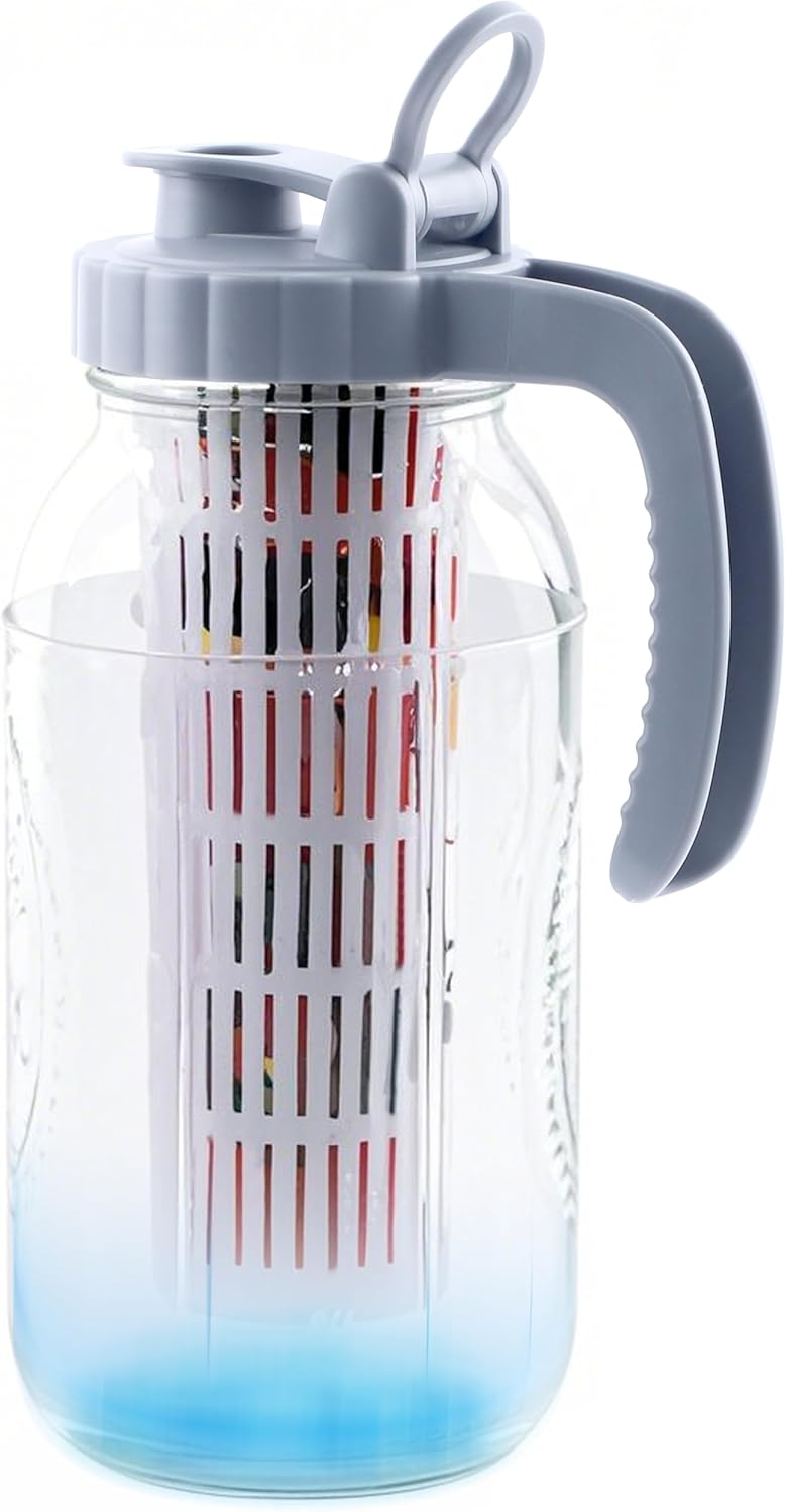 Mason Jar Pitcher With Fruit Infuser 2 Quart Water Pitcher With Pour Spout Lid 2 Pack Half gallon Wide Mouth Glass Carafe For Milk, Fruit Infused Water, Iced Tea, Lemonade, Cocktail, Cold Brew Coffee - 64 oz