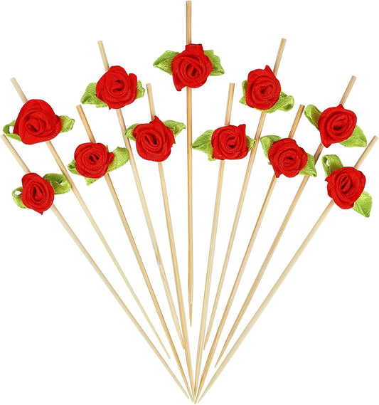 Minisland Red Rose Flower Cocktail Picks, 4.7 Inch Long Bamboo Fancy Toothpicks for Appetizers, Decorative Bridal Wedding Valentines Party Food Drinks Garnish Fruit Skewer Sticks 100 Counts - MSL220
