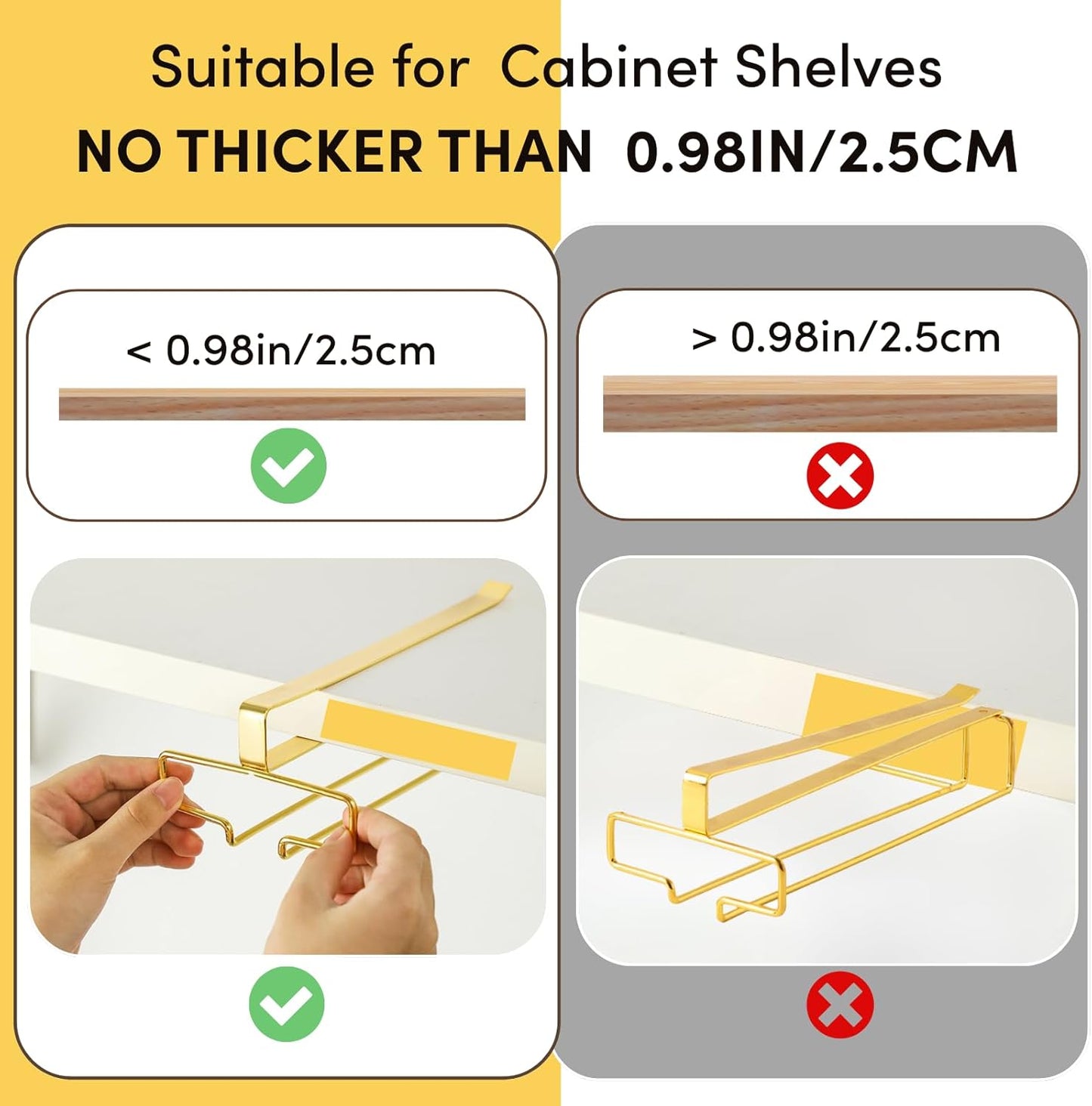 LINFIDITE Gold Under Cabinet Wine Glass Holder, 2 Pack, Space Saving, Easy Installation, Anti-Skid, Compact Design, Sturdy Materials, Affordable Gift