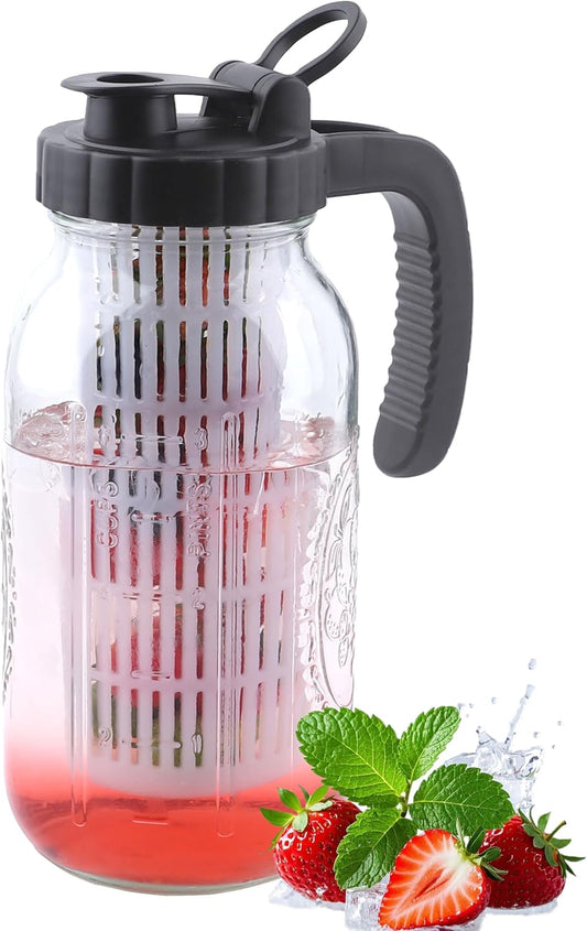 64 Oz Glass Mason Jar Water Pitcher With Infuser Half Gallon Mason Jug Carafe Wide Mouth 2 Quart Pitcher With Lid For Cold Hot Tea Coffee Lemonade beverage Breast Milk Juice Container For Fridge - 64 OZ