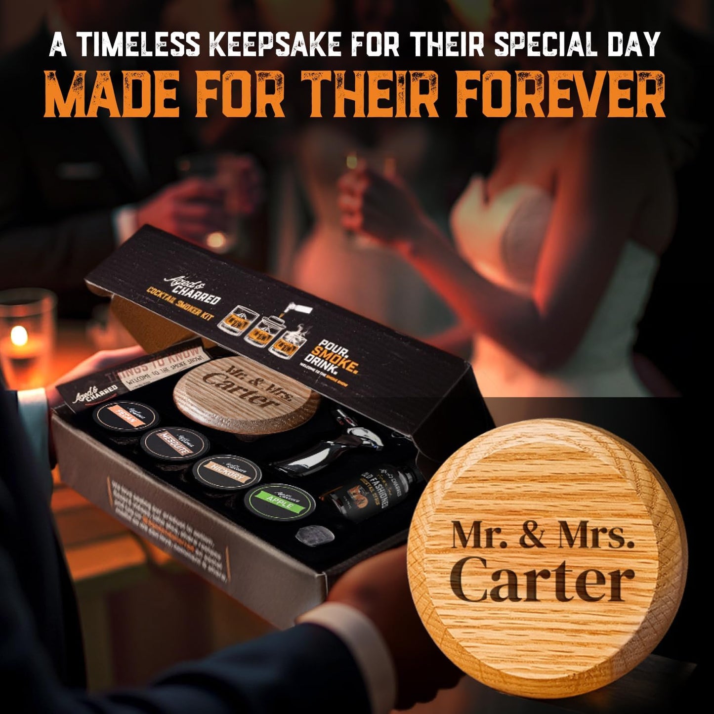 Personalised Whiskey Smoker Kit with Torch & Butane with Oak Wood Chips - Custom Engraved Smoke Lid for Bourbon & Old Fashioned Cocktails - Unique Whiskey Gifts for Men - Fits Various Glasses