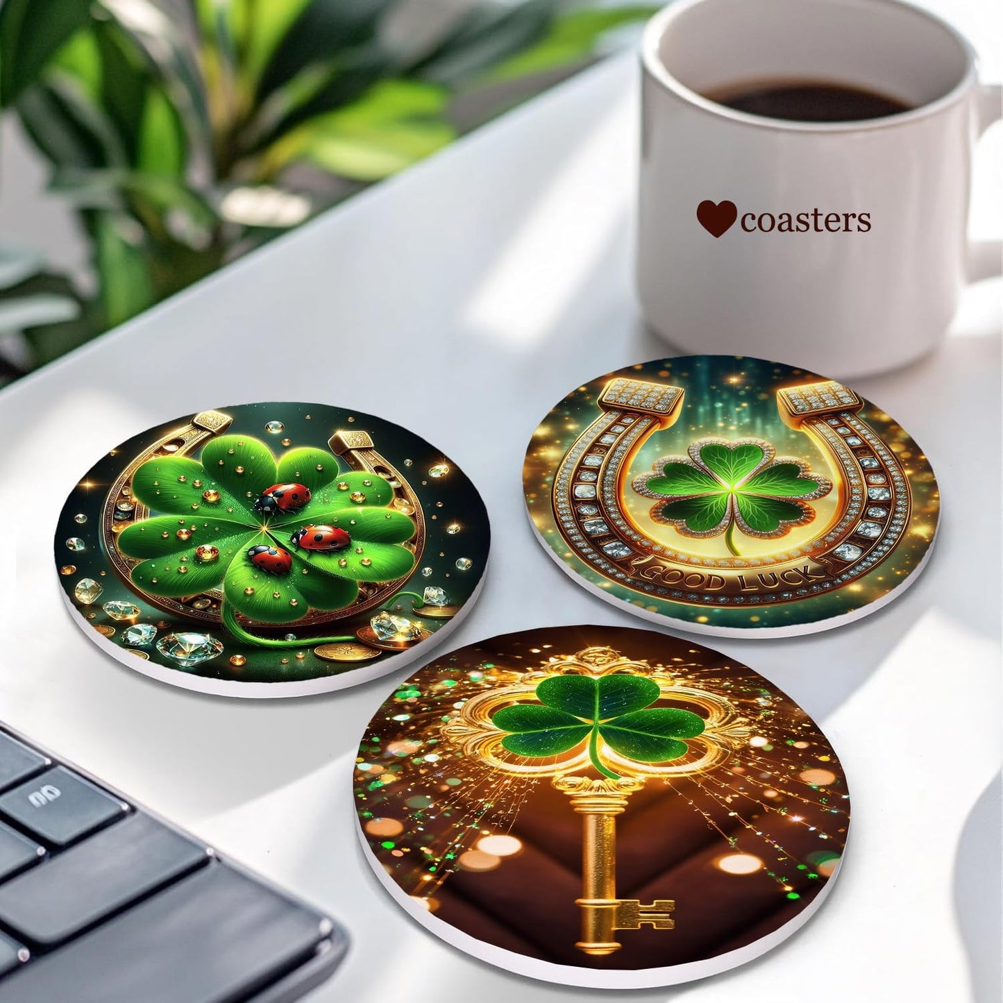 St Patricks Day Gold Green Drink Coasters Set of 6, Round Absorbent Ceramic Coaster, with Metal Holder and Cork Base,Luck Shamrock Clover Coasters for Coffee Table Kitchen Housewarming Gifts