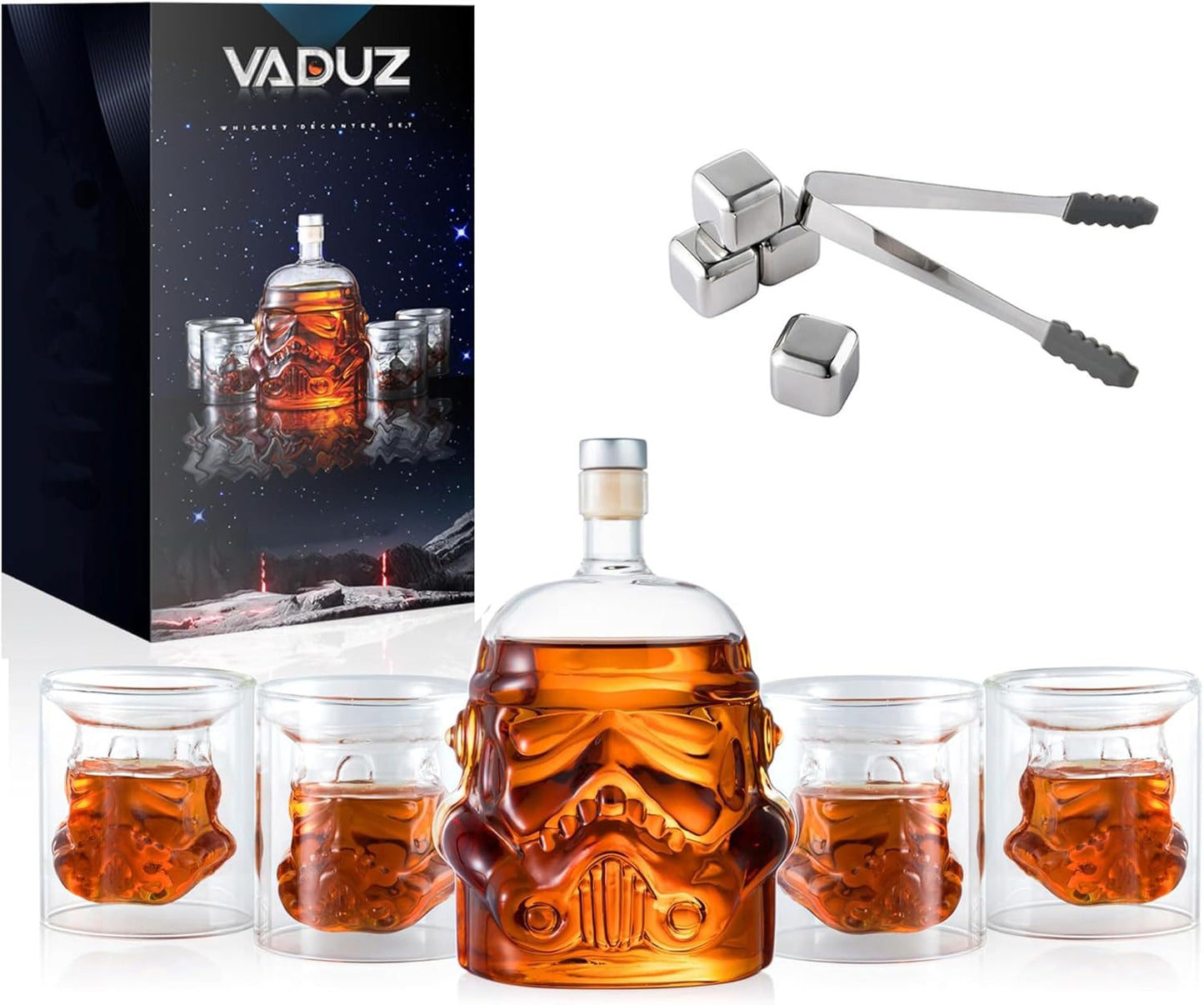 Whiskey Decanter Set Transparent Creative with 4 Glasses,Whiskey Flask Carafe Decanter with 4 Whiskey Stones and Tong,Whiskey Carafe,Glasses for Brandy,Scotch,Vodka,Gifts for Dad,Husband,Boyfriend