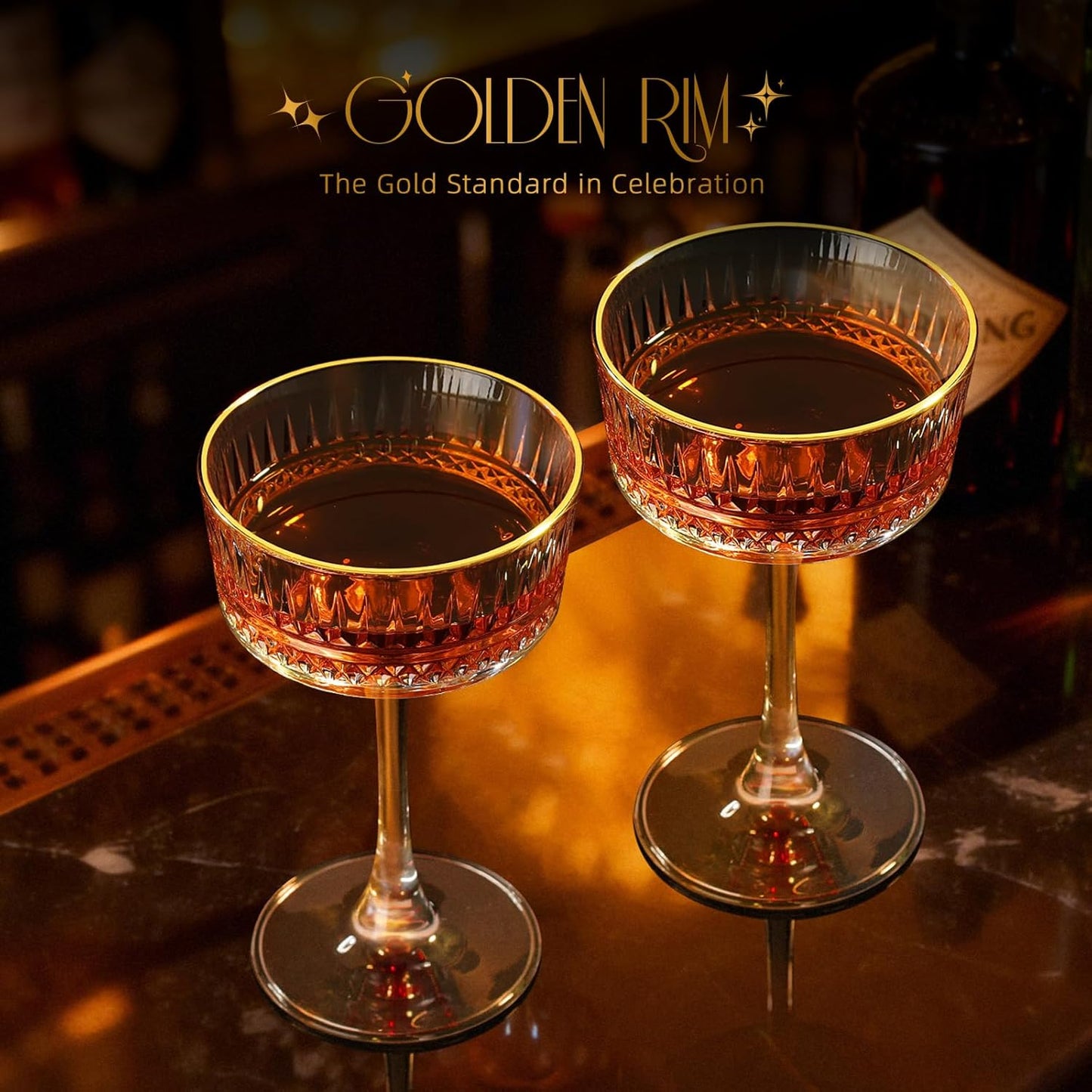 VIMERPA Coupe Glasses, Gold Rim Martini Coupe Glasses Set of 4, 8 oz Classic Cocktail Glassware - Champagne, Manhattan, Cosmopolitan Crystal Goble，Vintage Art Deco Luxury