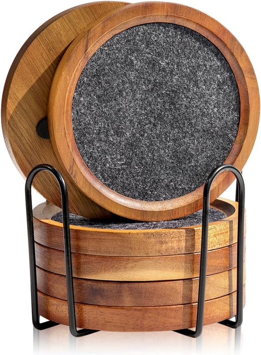 Acacia Wood Coasters for Drinks, HALE OTEIR 4.13 Inch Felt Wooden Coasters for Coffee Table Absorbent Set of 6 with Holder, Natural Wood Stackable Reusable Coasters for Home Office Coffee Bar Table - Dark Grey