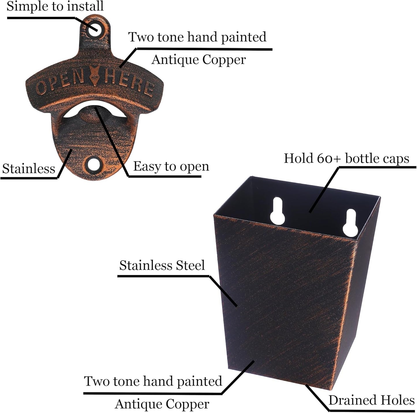 Vintage Bottle Opener Wall Mount and Cap Catcher with Drain Opening, Antique Copper Mountable Soda Bottle Opener and Top Holder for Garage Patio Bar